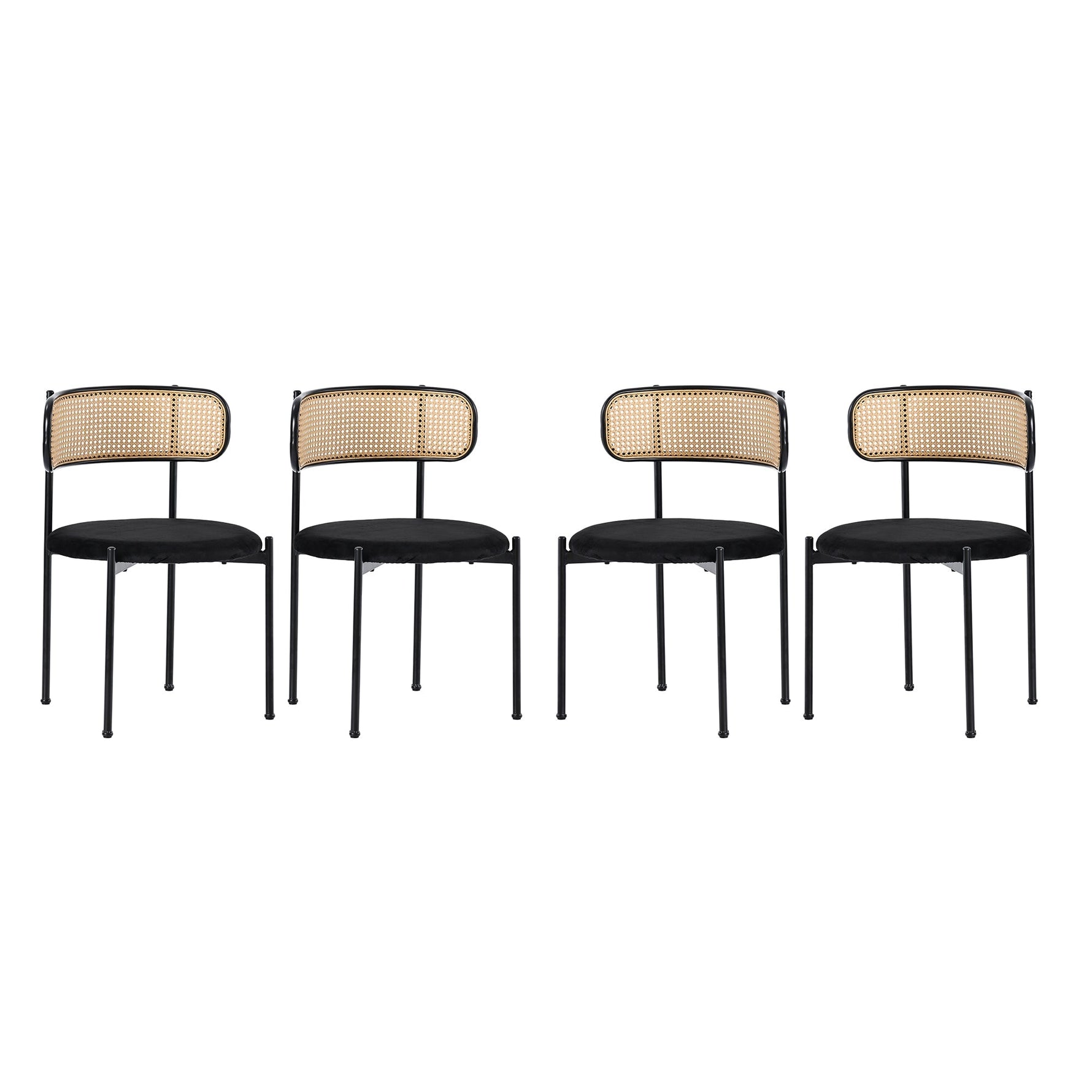 Velvet Dining Chair Set of 4 Rattan Metal Legs - Black