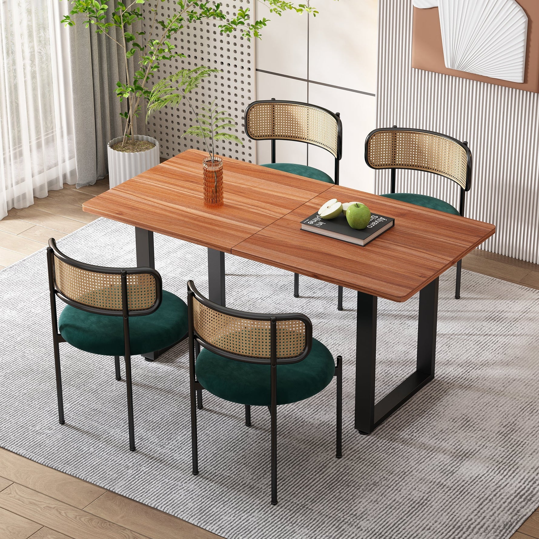 Velvet Dining Chair Set of 4 Rattan Metal Legs - Green