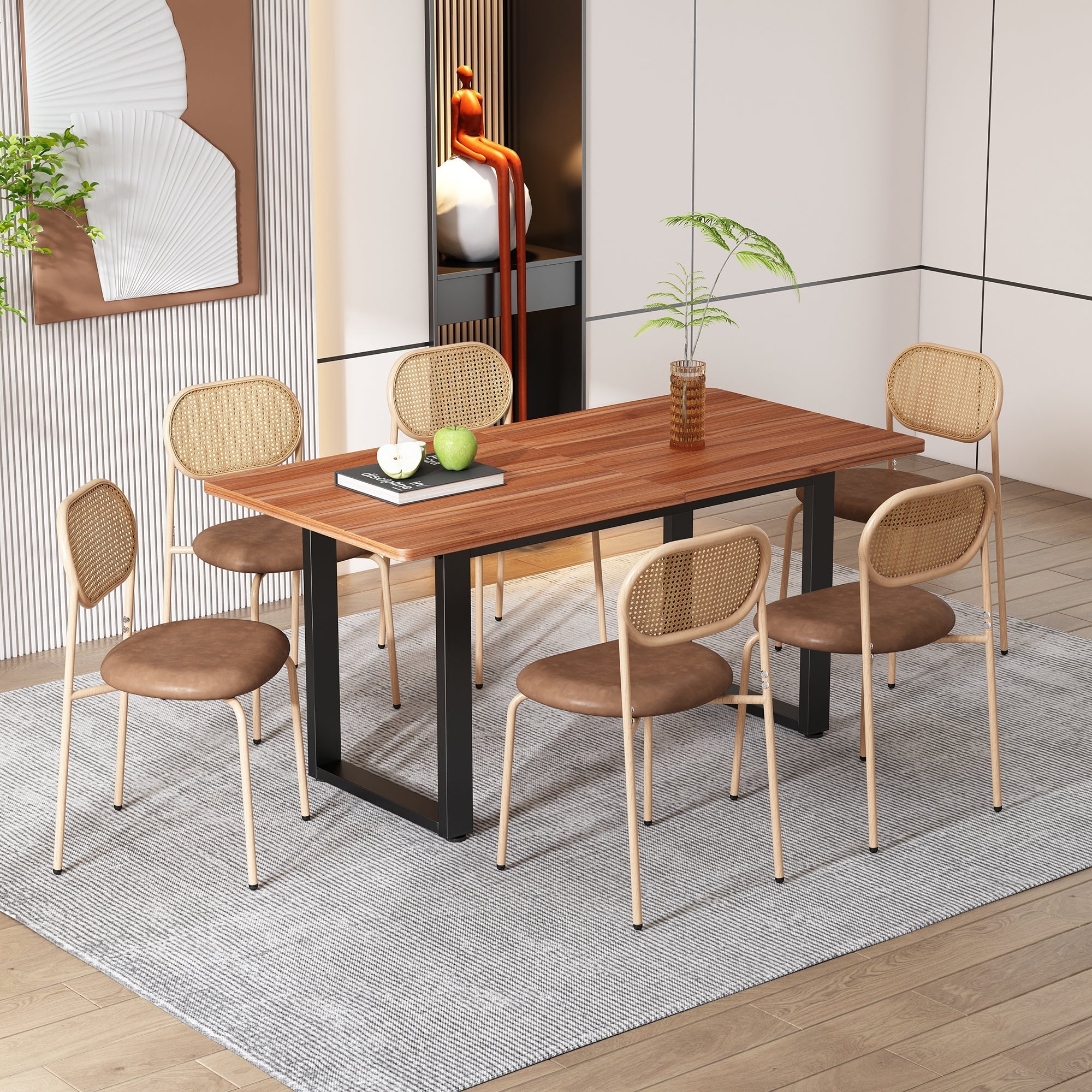 Set of 6 Dining Chairs Rattan Metal Legs - Brown