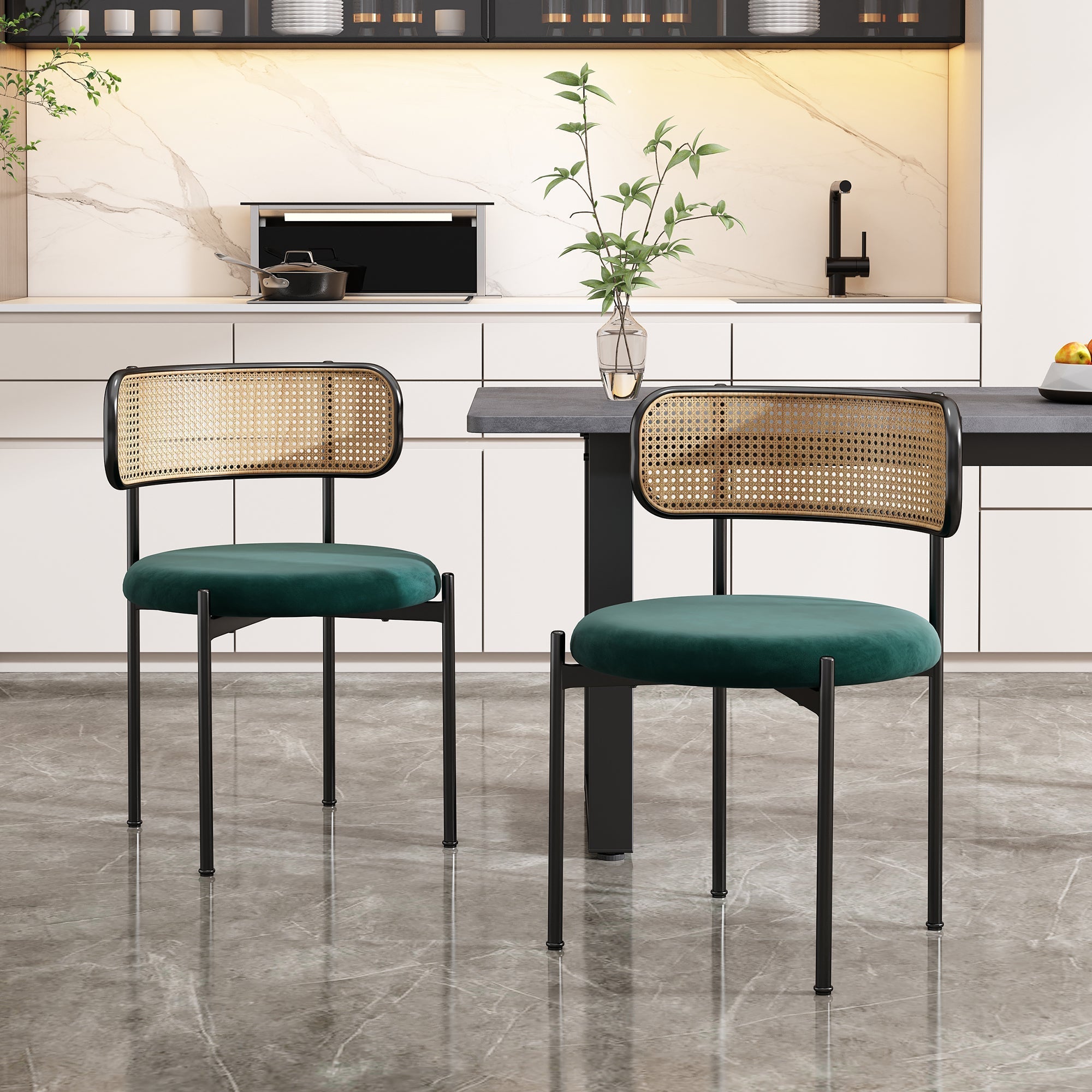 Velvet Dining Chair Set of 2 Modern Rattan Metal Legs - Green