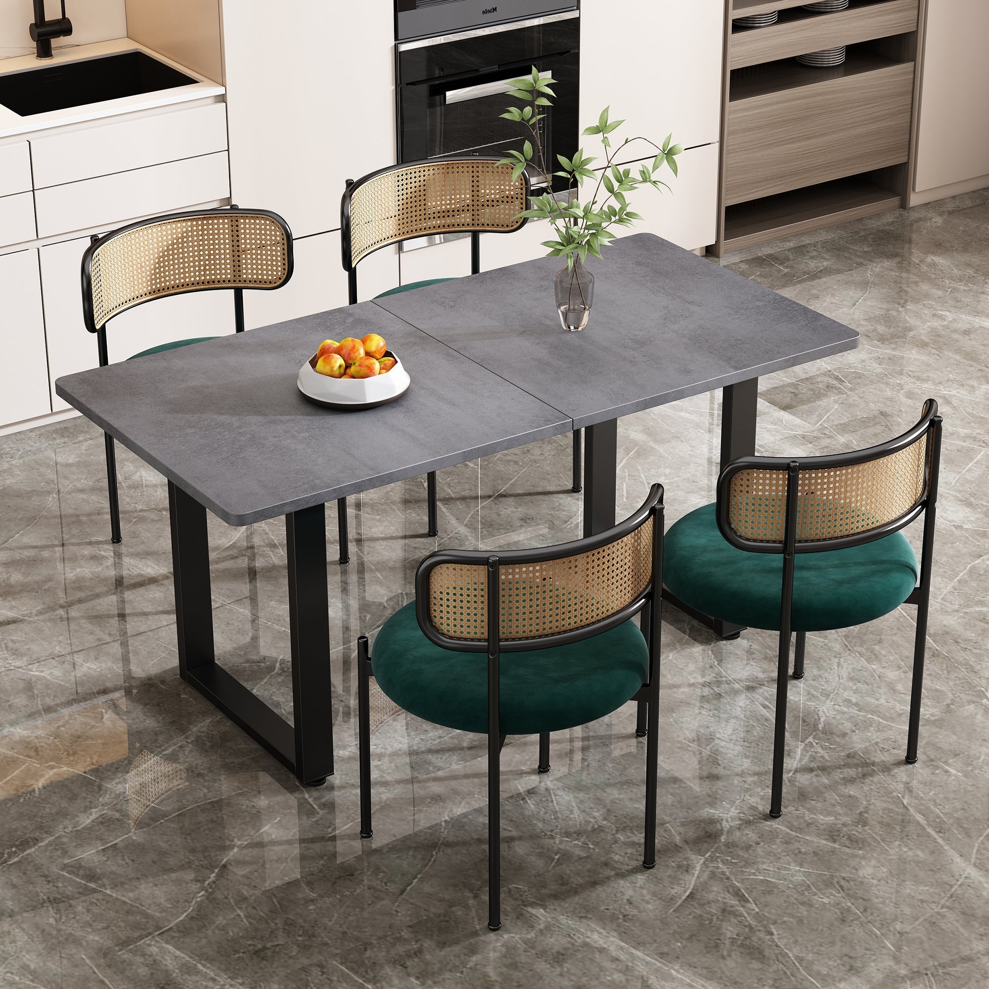 Velvet Dining Chair Set of 4 Rattan Metal Legs - Green