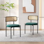 Velvet Dining Chair Set of 2 Modern Rattan Metal Legs - Green