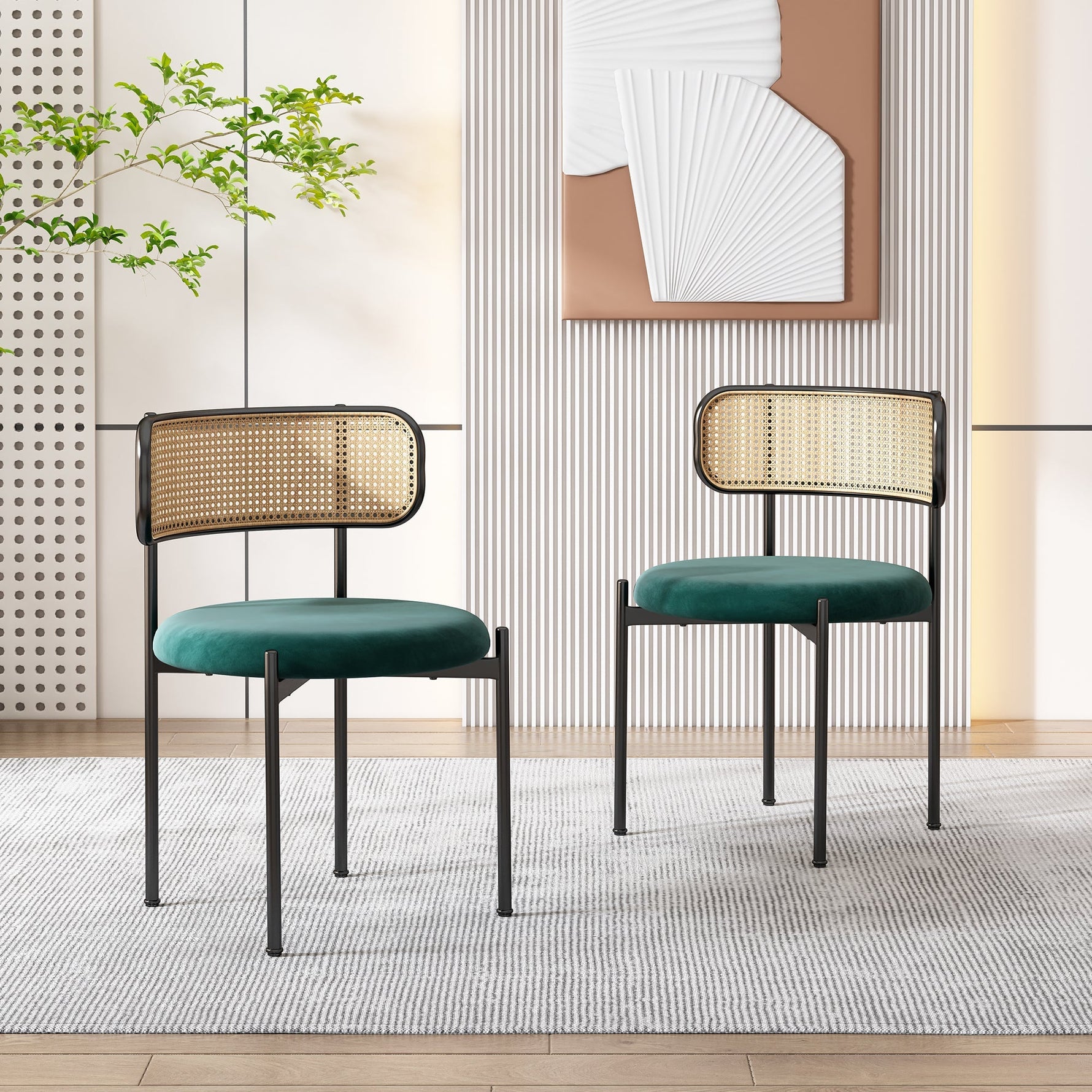 Velvet Dining Chair Set of 2 Modern Rattan Metal Legs - Green