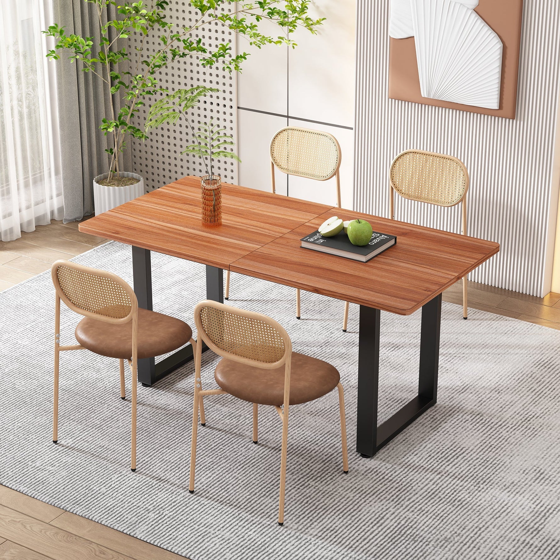 2 Dining Chairs Rattan Leisure Metal Legs - Brown