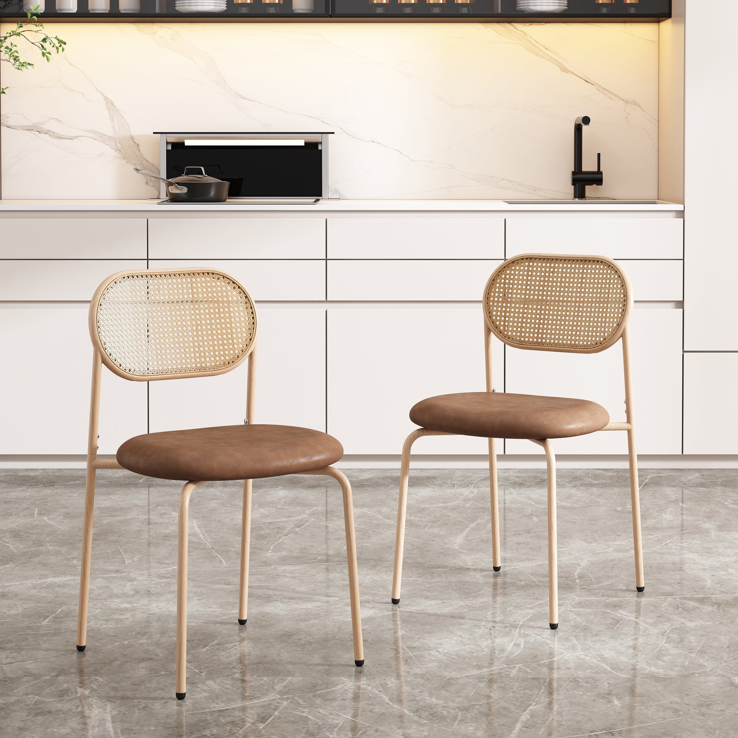 2 Dining Chairs Rattan Leisure Metal Legs - Brown