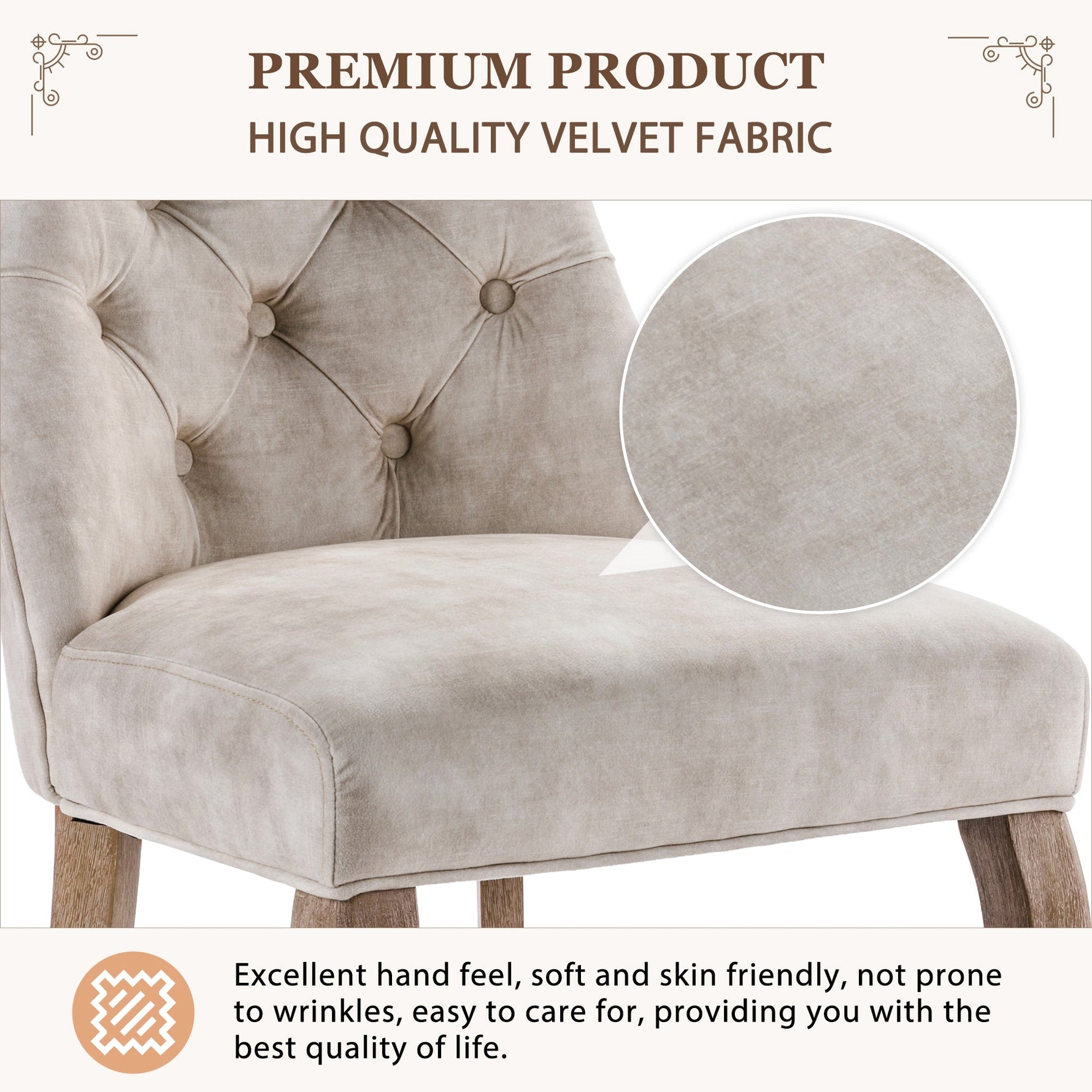 Dining Chair Set of 6 High Backrest Button Tufting Light Beige Velvet Solid Wood