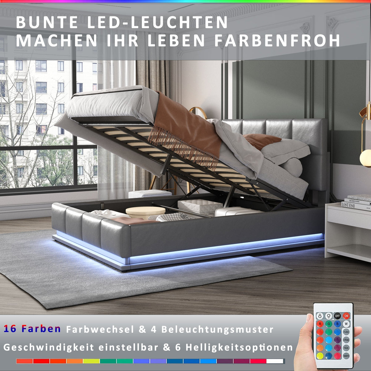 Upholstered Bed, 160x200cm, LED, Hydraulic Storage, Grey