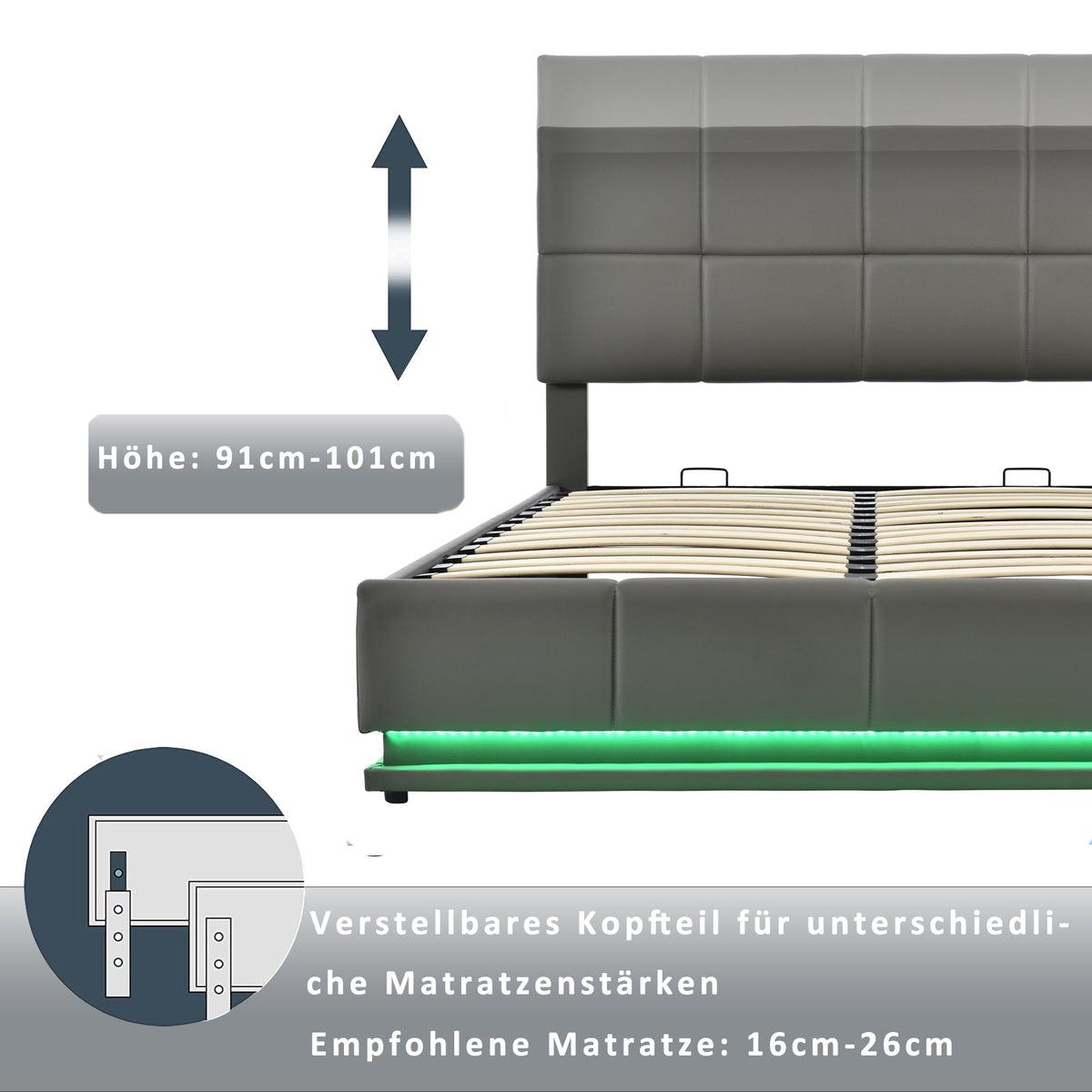Upholstered Bed, 160x200cm, LED, Hydraulic Storage, Grey