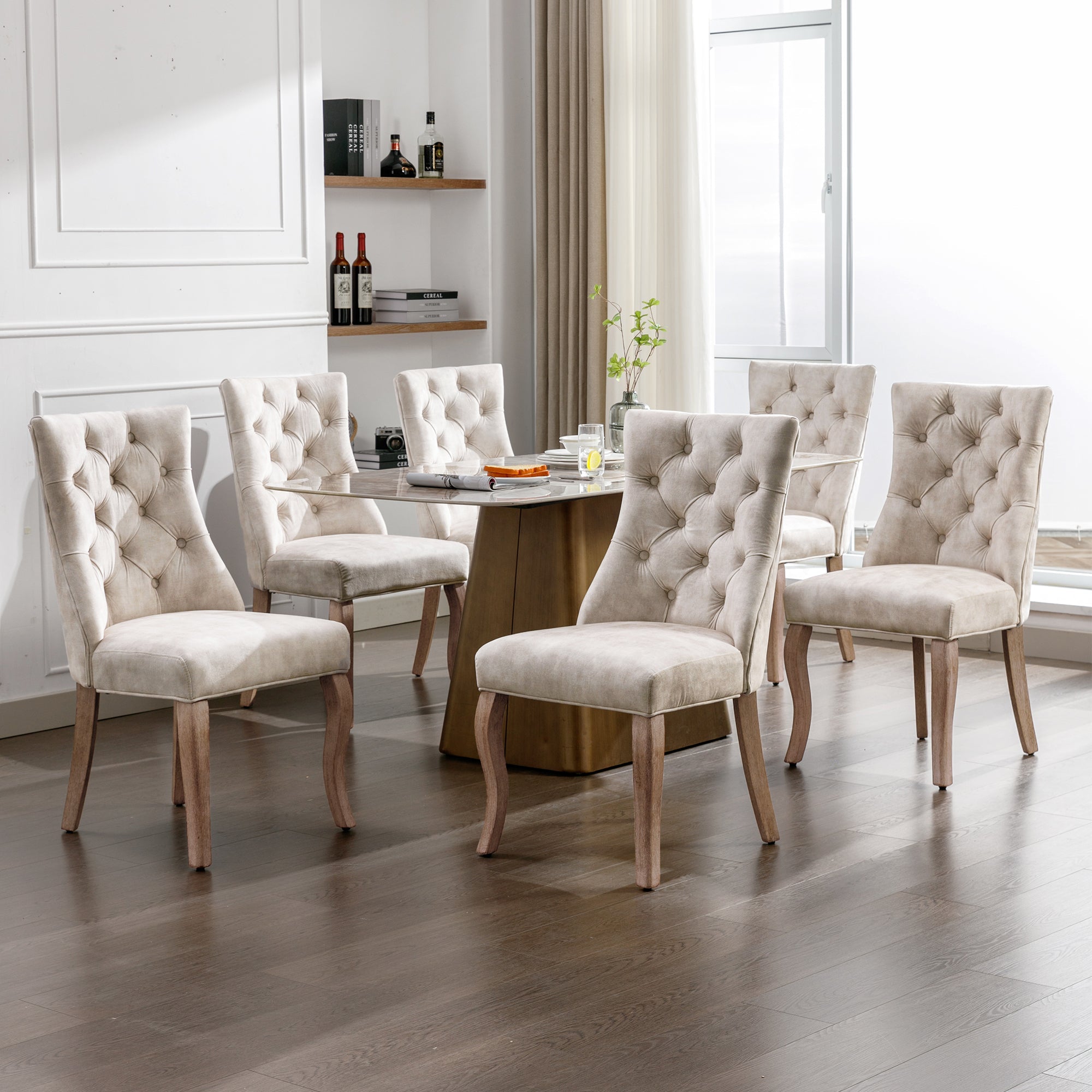 Dining Chair Set of 6 High Backrest Button Tufting Light Beige Velvet Solid Wood