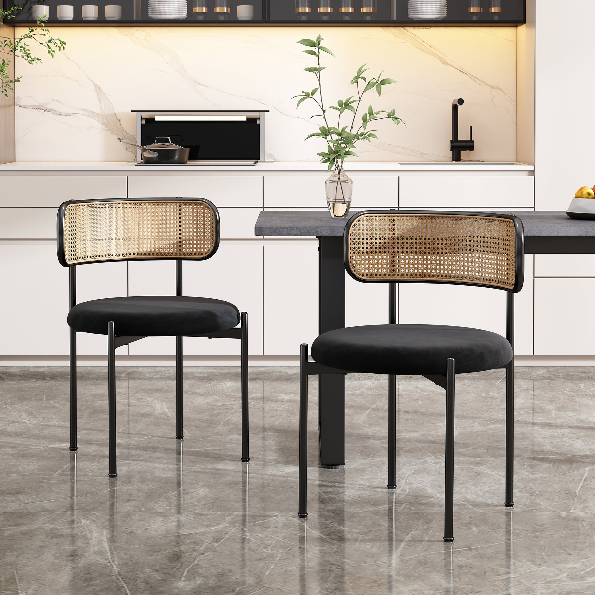 Velvet Dining Chair Set of 2, Modern Leisure with Metal Legs, Black