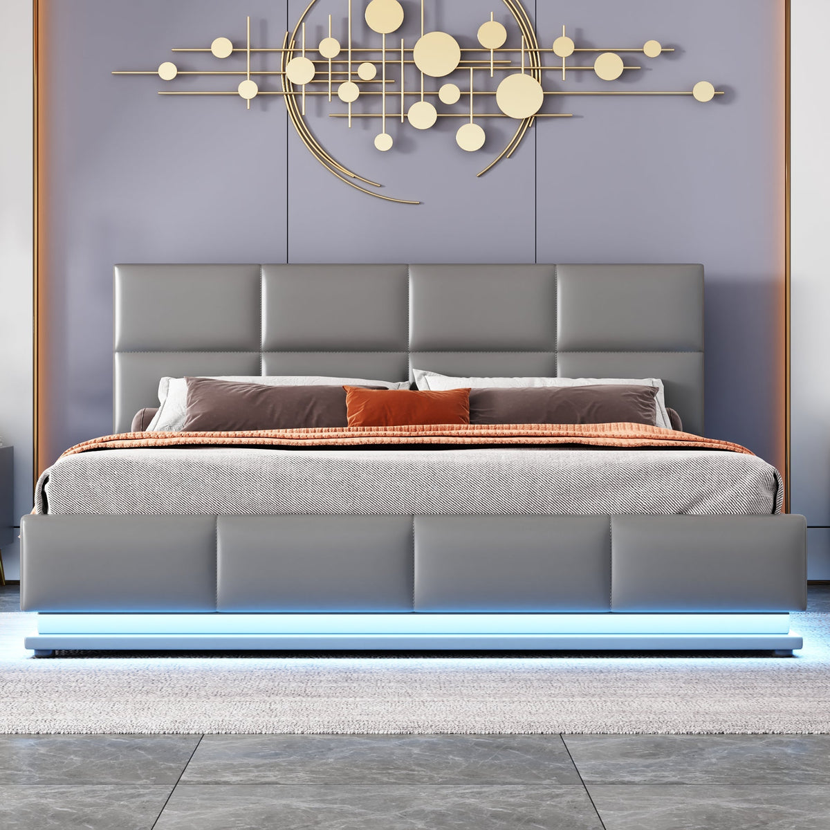 Upholstered Bed, 160x200cm, LED, Hydraulic Storage, Grey