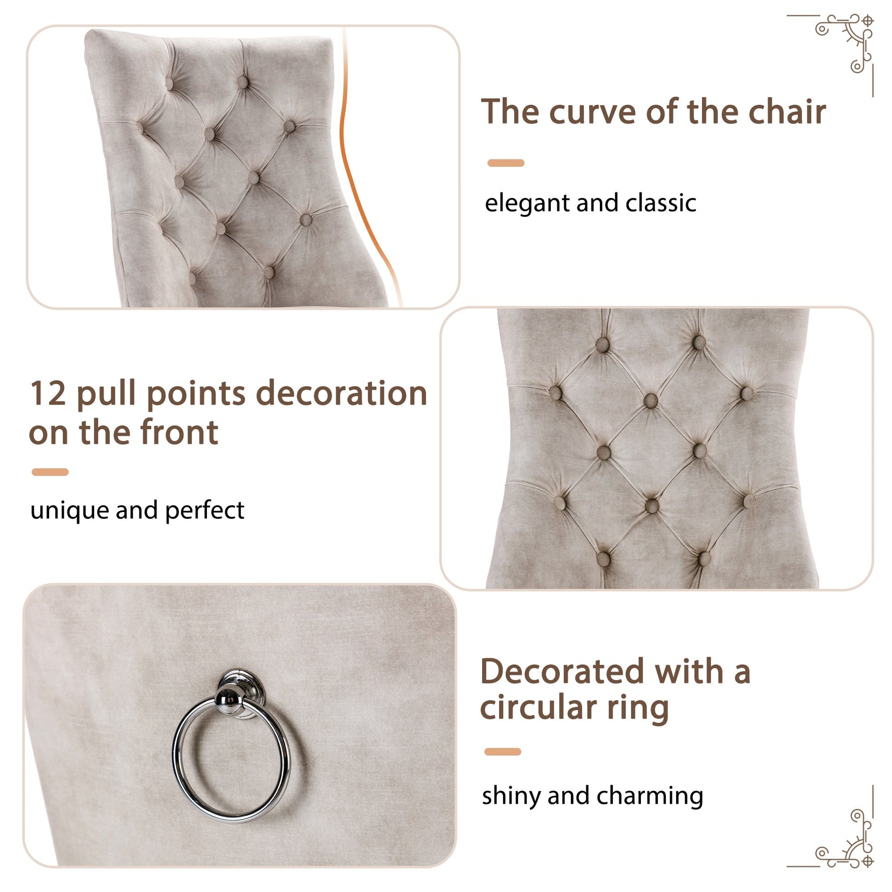 Dining Chair Set of 6 High Backrest Button Tufting Light Beige Velvet Solid Wood