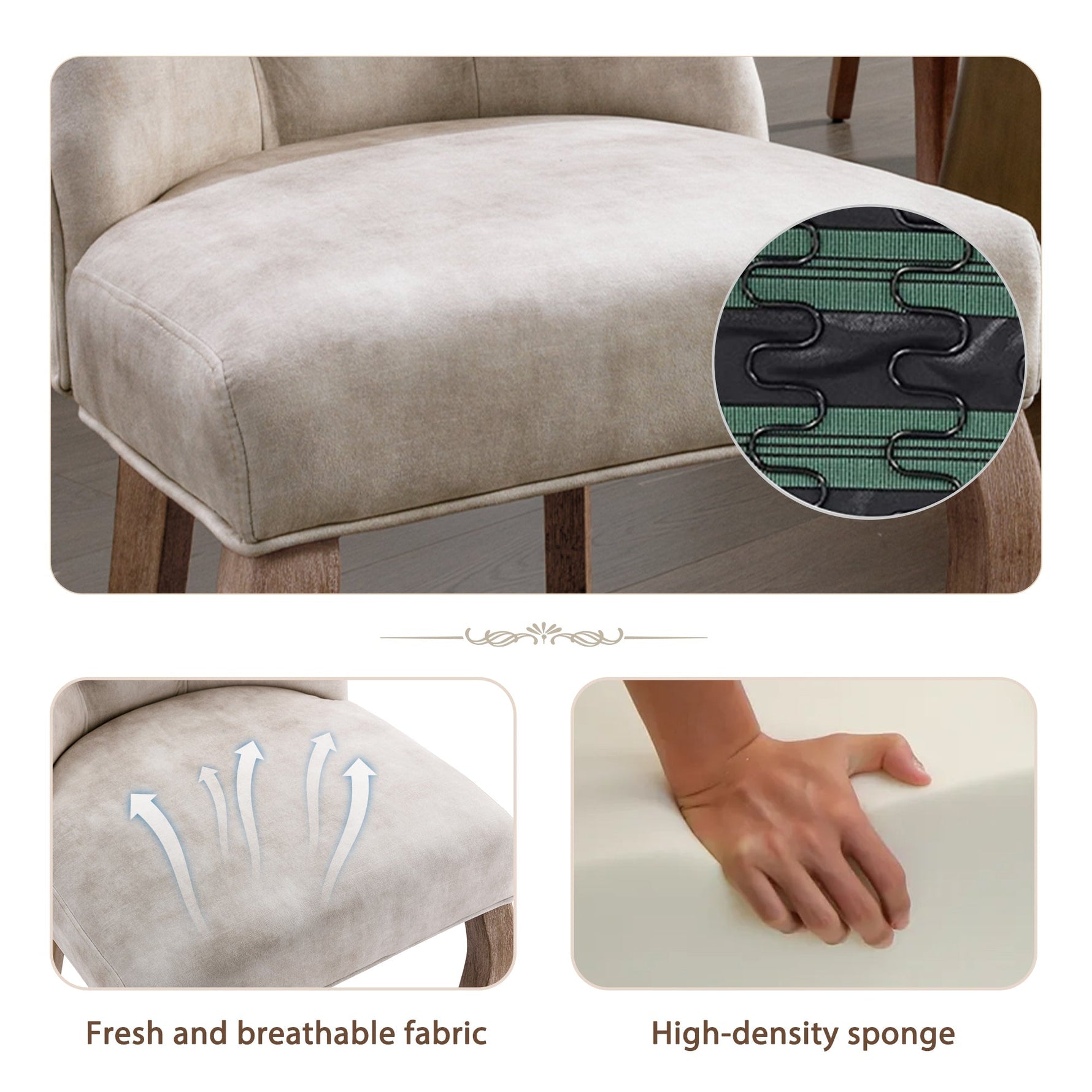 Dining Chair Set of 6 High Backrest Button Tufting Light Beige Velvet Solid Wood