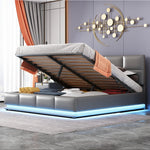 Upholstered Bed, 160x200cm, LED, Hydraulic Storage, Grey