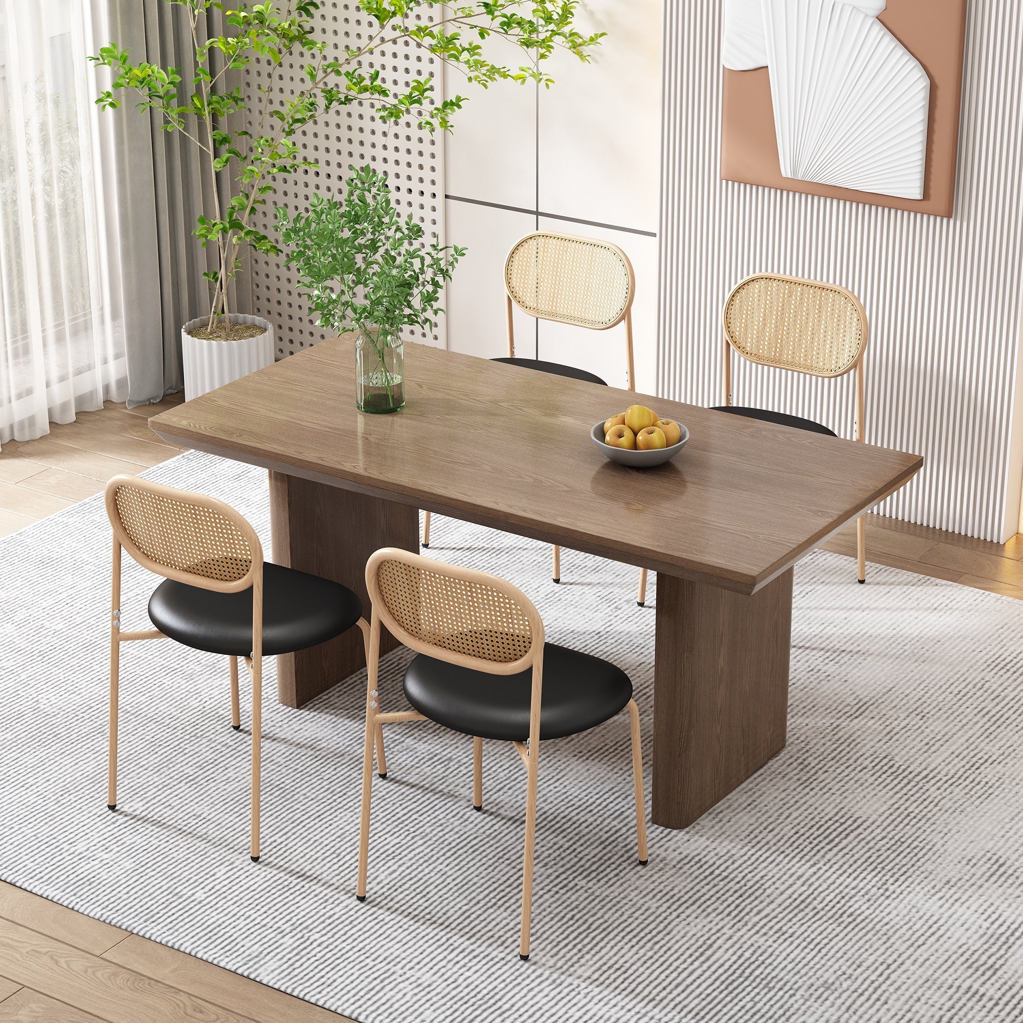 Dining Chair Set of 4 Modern Rattan Metal Legs - Black + Brown