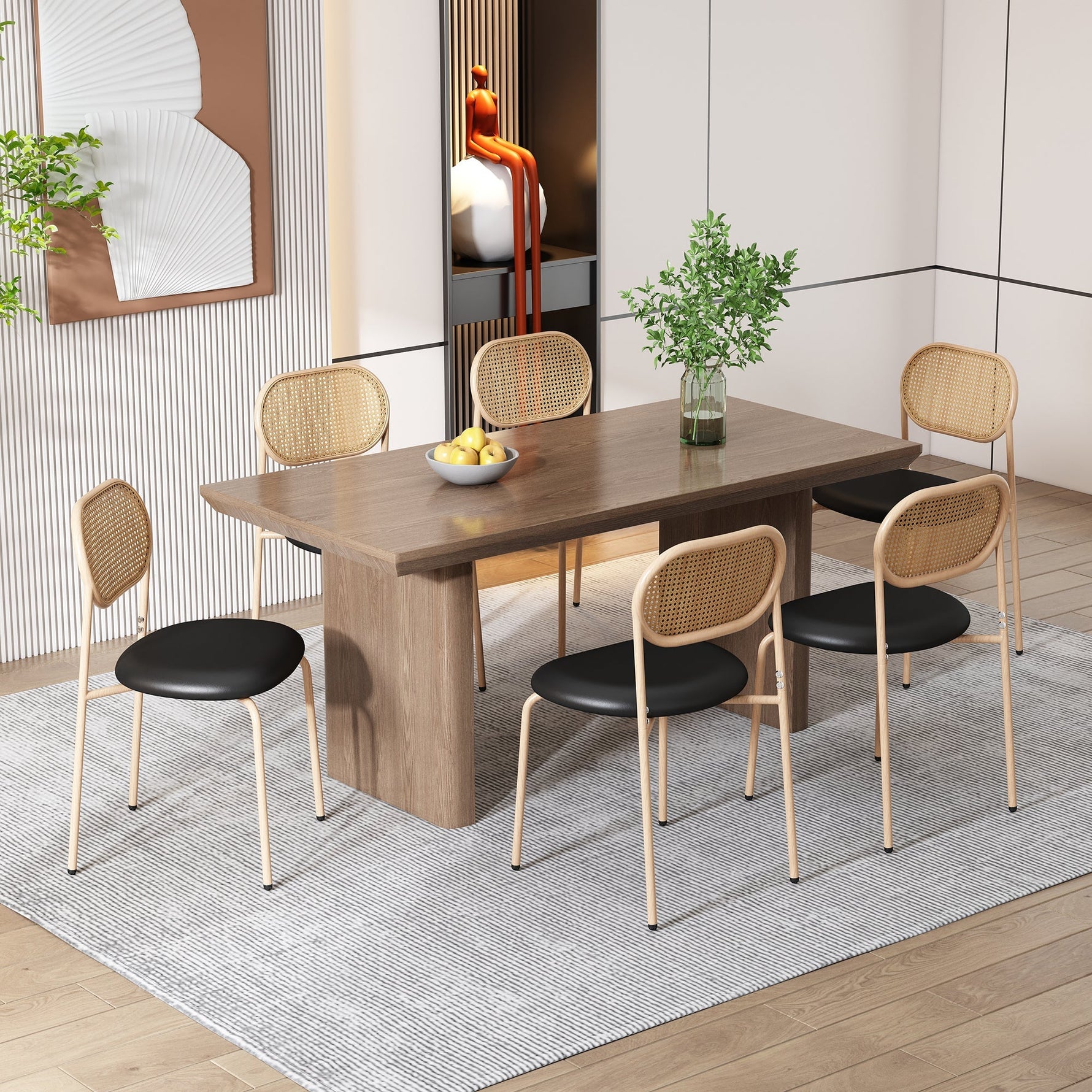 Dining Chair Set of 4 Modern Rattan Metal Legs - Black + Brown