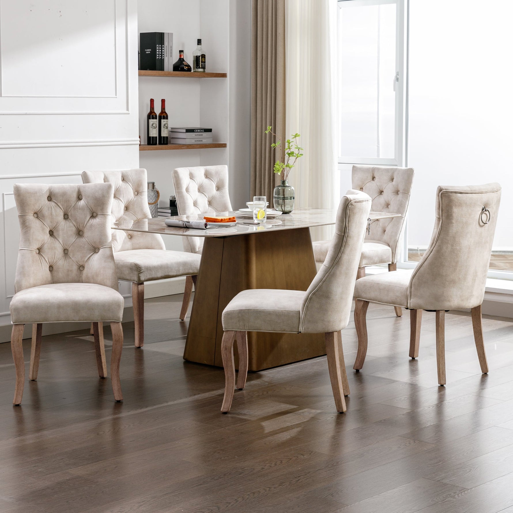 Dining Chair Set of 6 High Backrest Button Tufting Light Beige Velvet Solid Wood