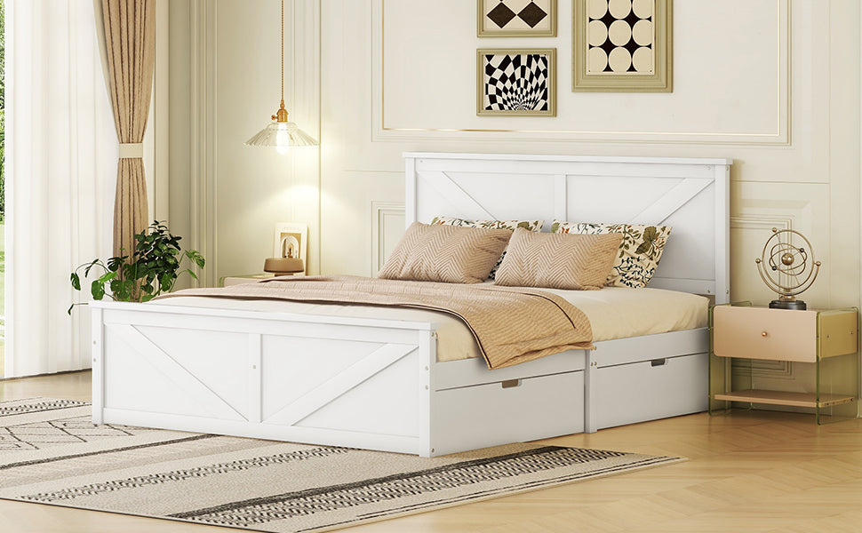 Wooden Platform Bed with 4 Storage Drawers, 160x200, White