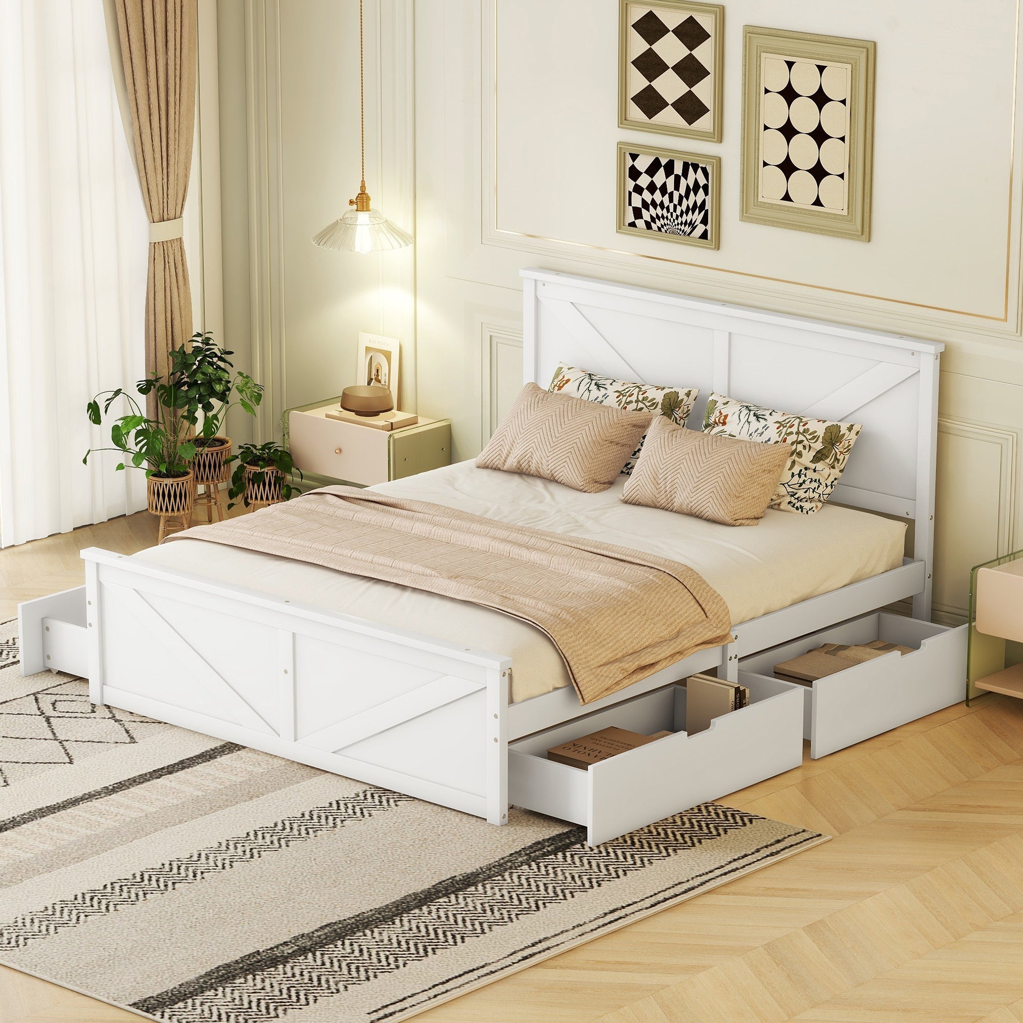 Wooden Platform Bed with 4 Storage Drawers, 160x200, White