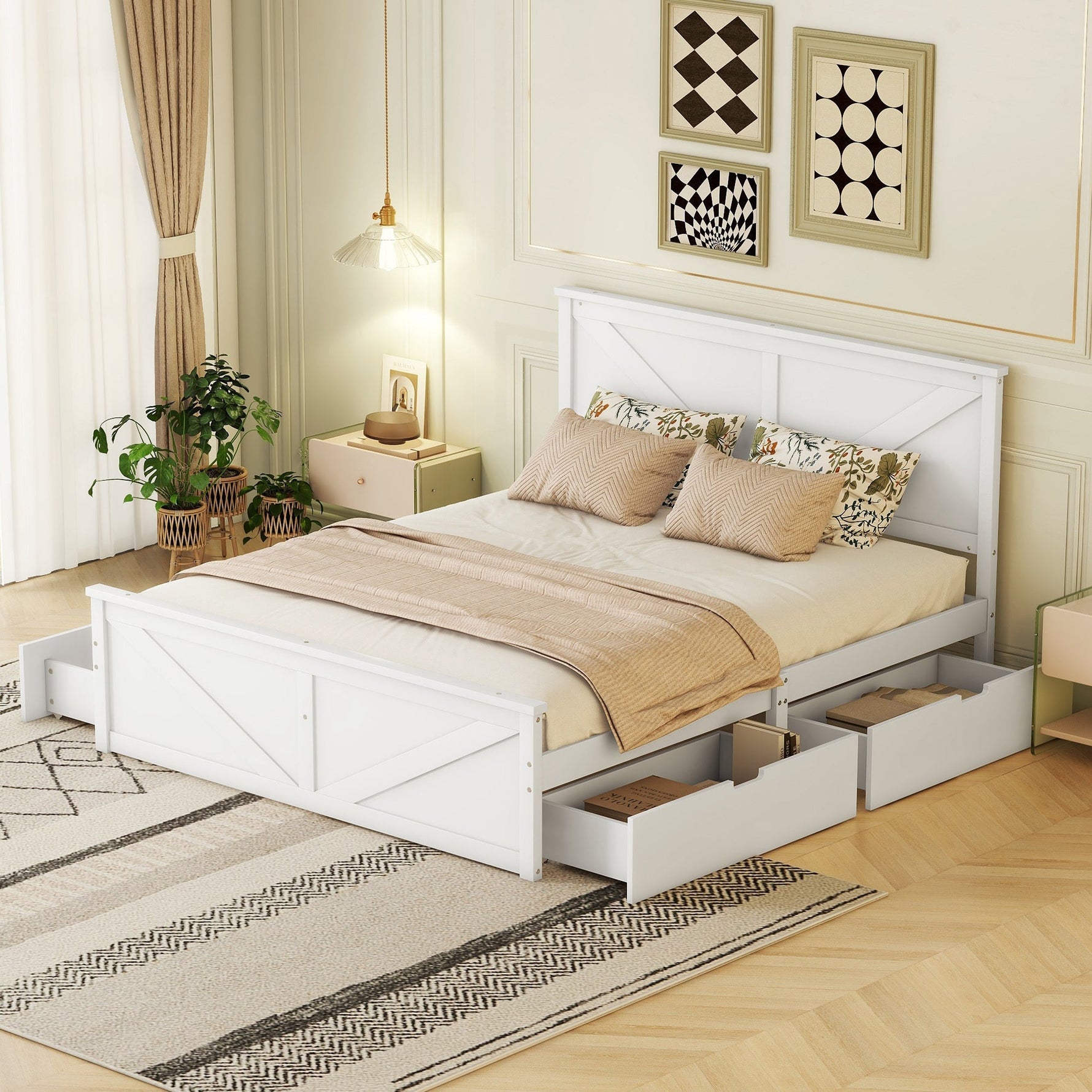 Wooden Platform Bed with 4 Storage Drawers, 160x200, White