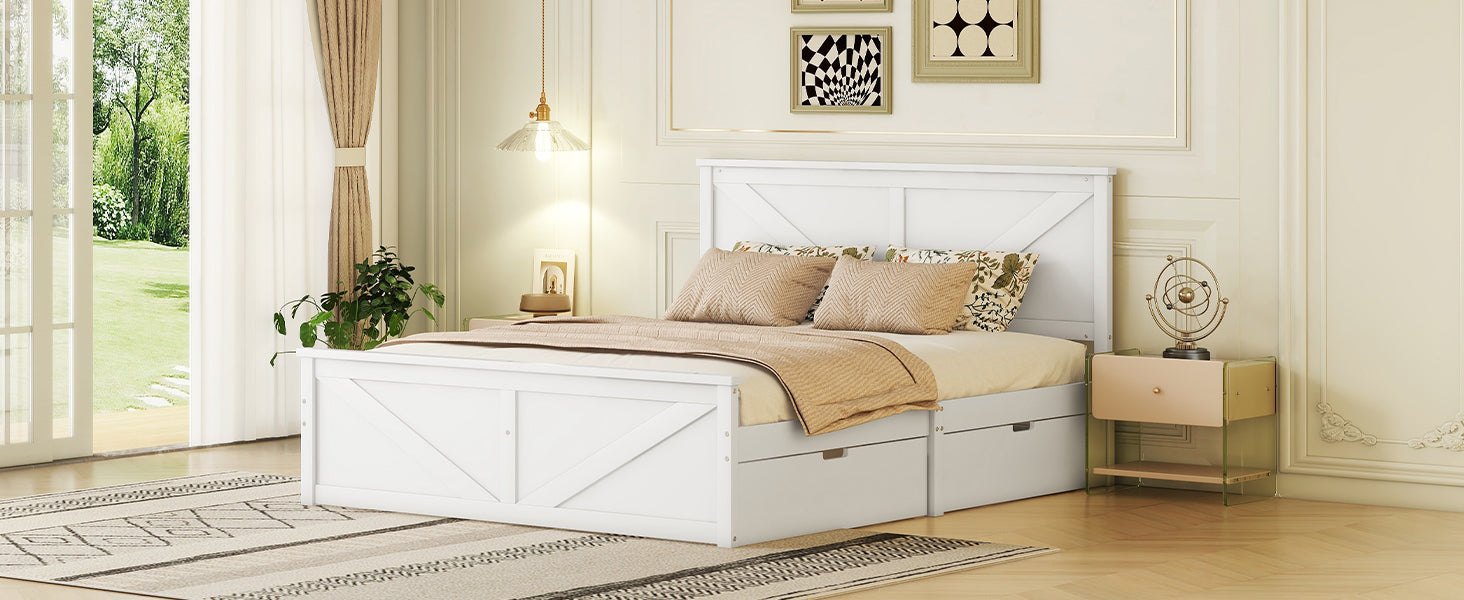 Wooden Platform Bed with 4 Storage Drawers, 160x200, White