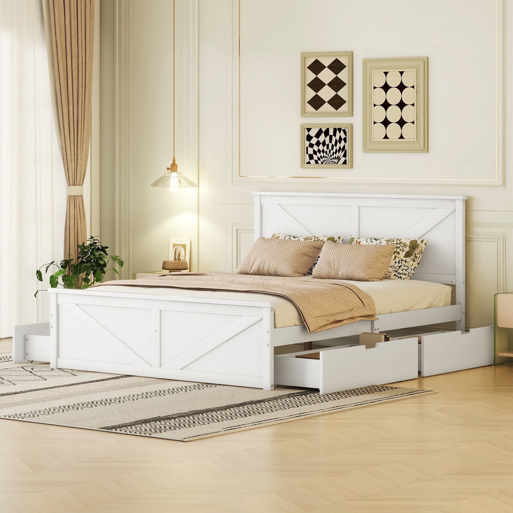 Wooden Platform Bed with 4 Storage Drawers, 160x200, White