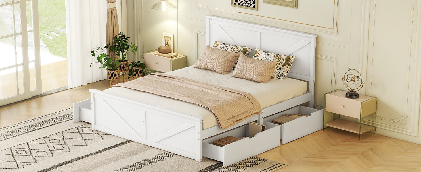 Wooden Platform Bed with 4 Storage Drawers, 160x200, White