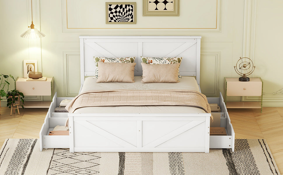 Wooden Platform Bed with 4 Storage Drawers, 160x200, White