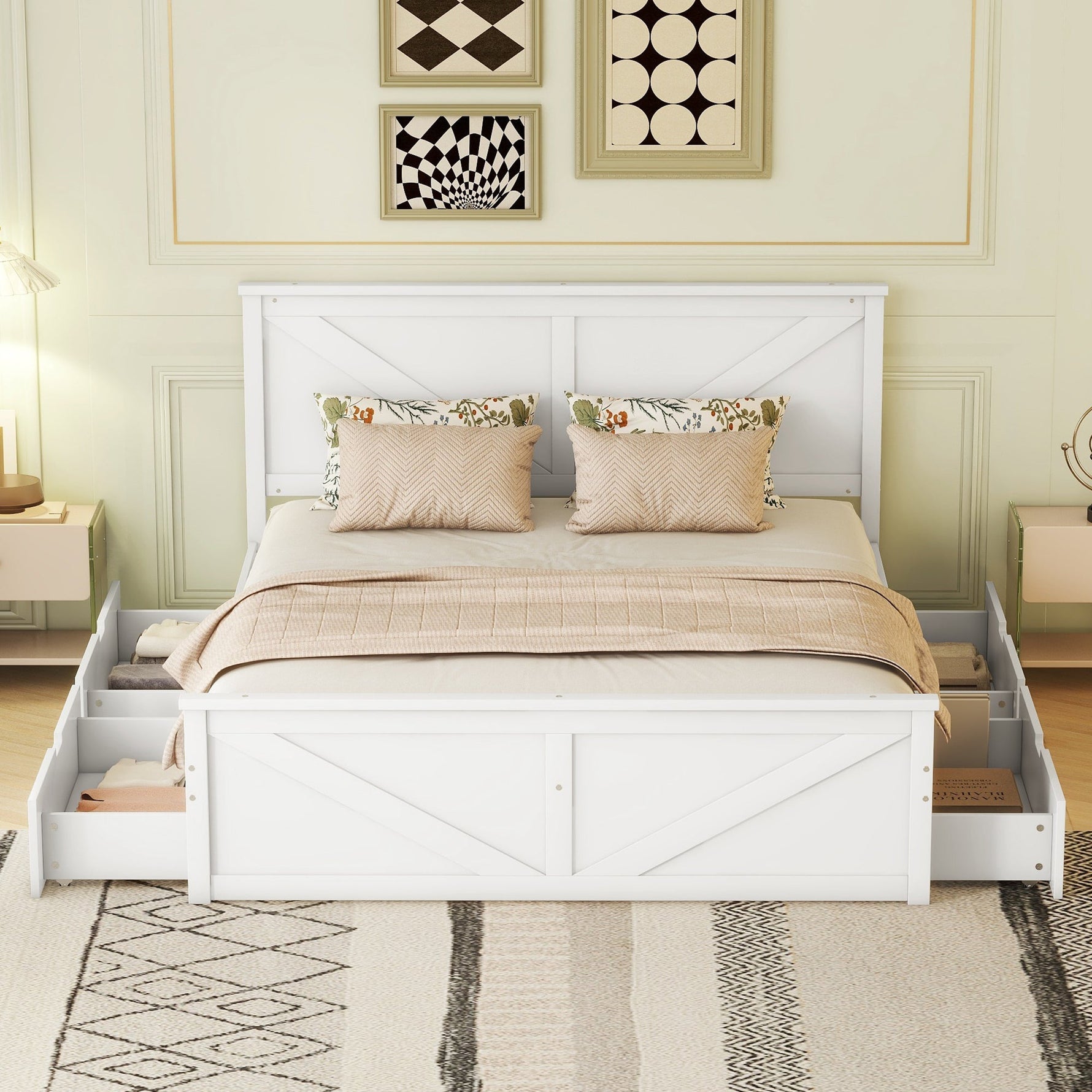 Wooden Platform Bed with 4 Storage Drawers, 160x200, White