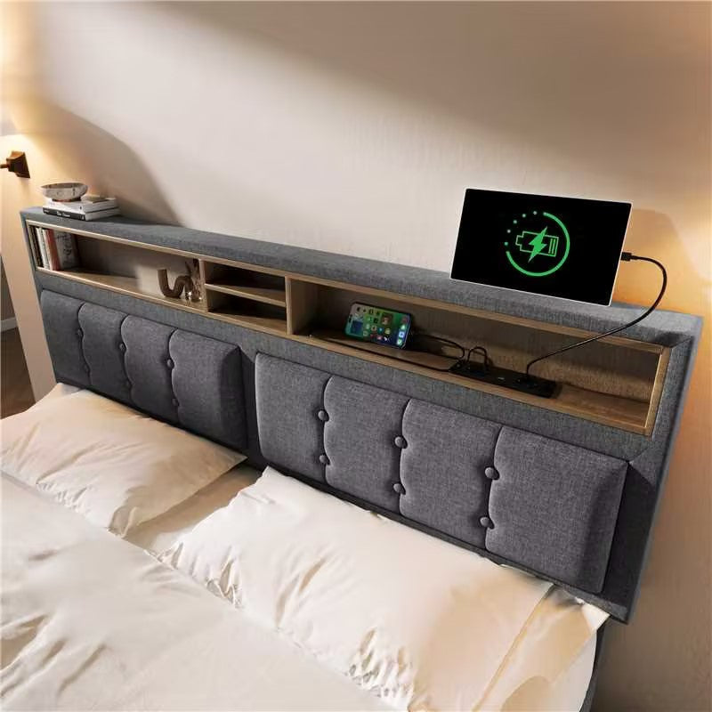 Upholstered Double Bed 160x200 with USB-C, Headboard & Storage, Linen Material