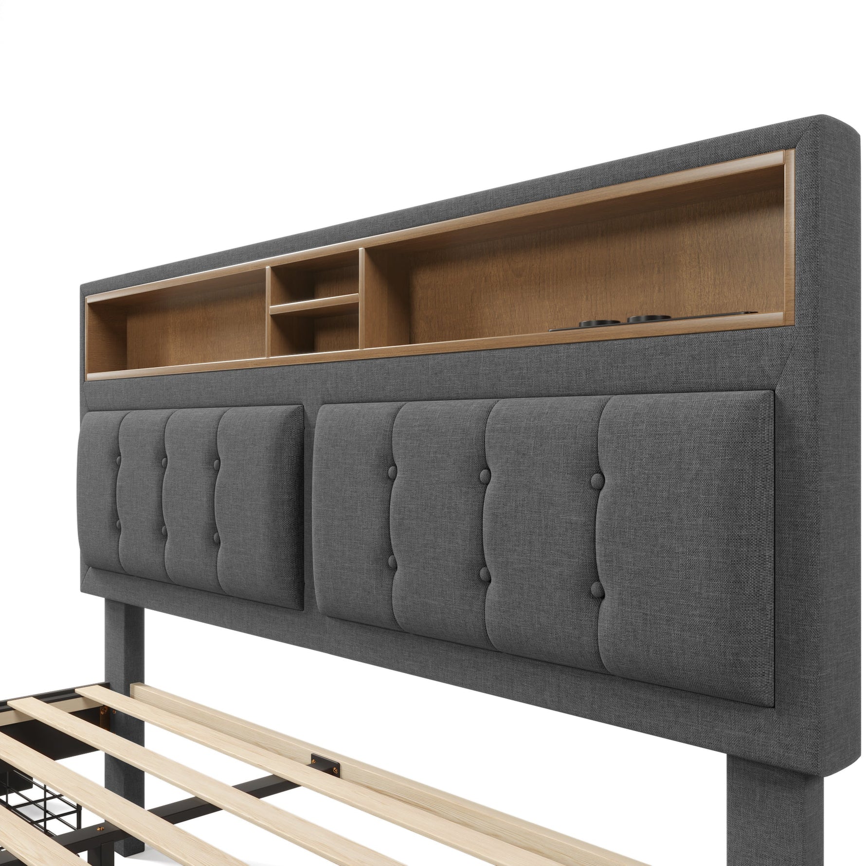 Double Bed, Upholstered with 4 Drawers & USB-C, 140x200cm, Wood Frame