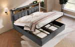 Upholstered Double Bed, USB C Headboard Storage, Linen