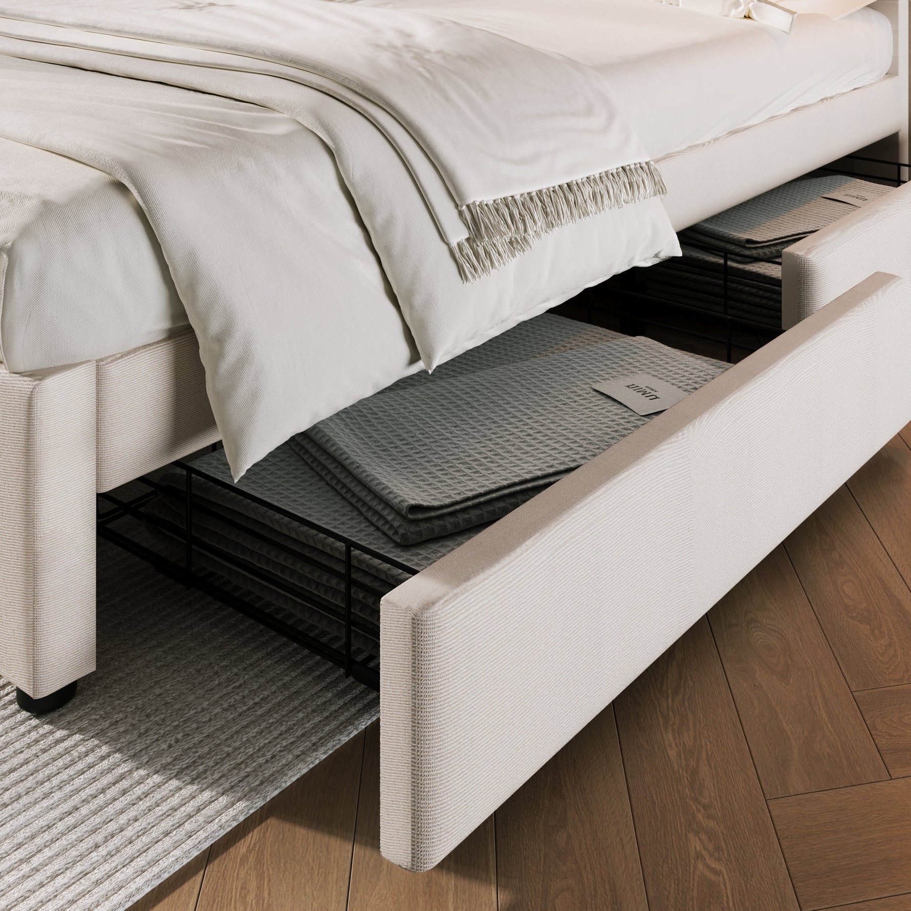 Double Bed with 4 Drawers & USB C Socket, 160x200cm, Adjustable Headboard, Wooden Slatted Frame, Upholstered