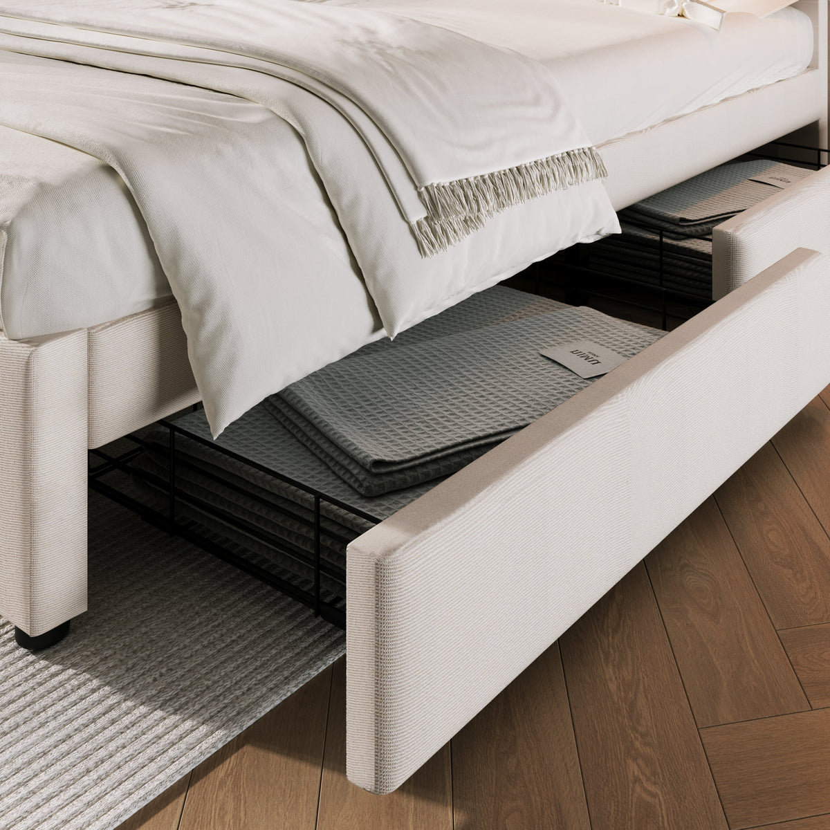 Double Bed with 4 Drawers, USB C, Adjustable Headboard, 140x200cm Wooden Slatted Frame
