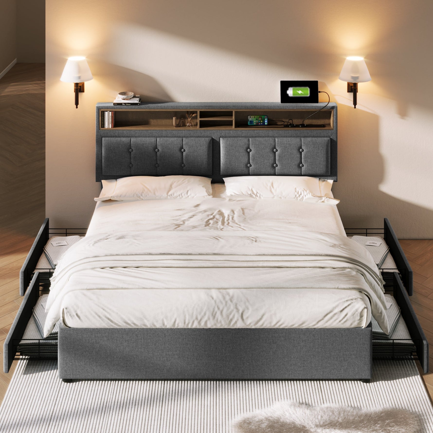Double Bed, Upholstered with 4 Drawers & USB-C, 140x200cm, Wood Frame