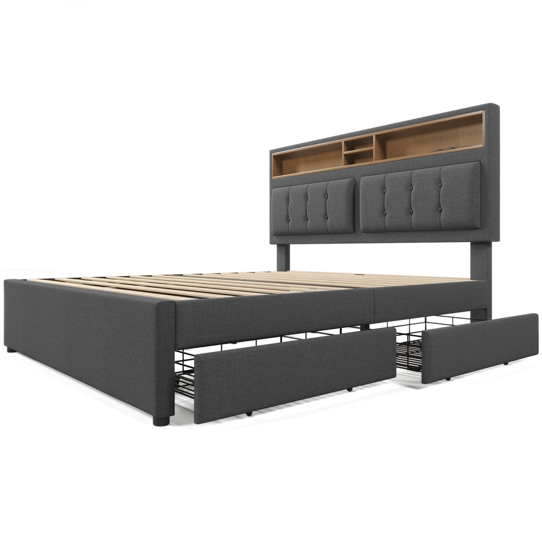 Double Bed, 4 Drawers, USB-C, Adjustable Headboard, Wooden Slats, Upholstered