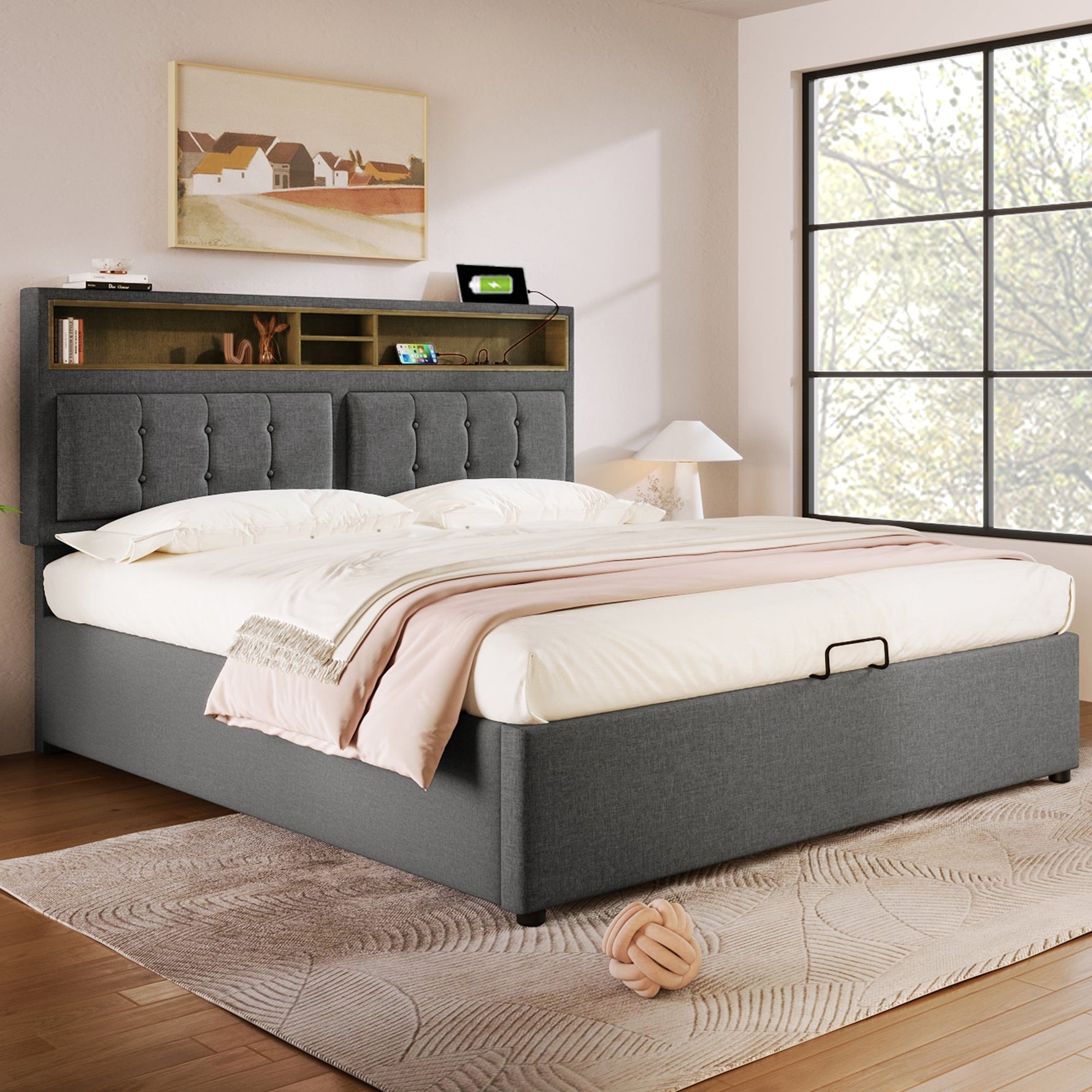 Upholstered Double Bed 160x200 USB-C Headboard Storage Linen Material