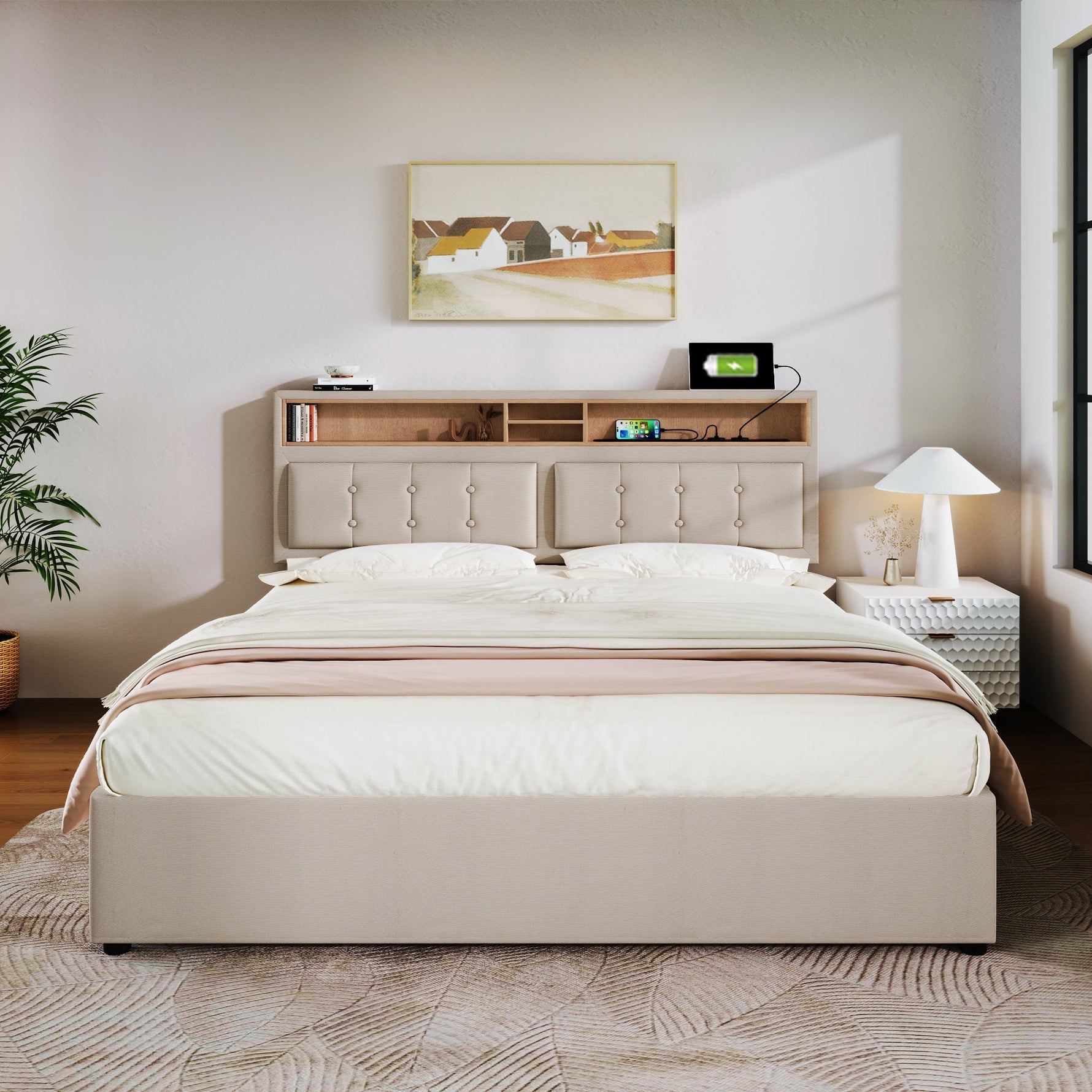 Double Bed 4 Drawers USB C Socket Adjustable Headboard Upholstered 140x200cm