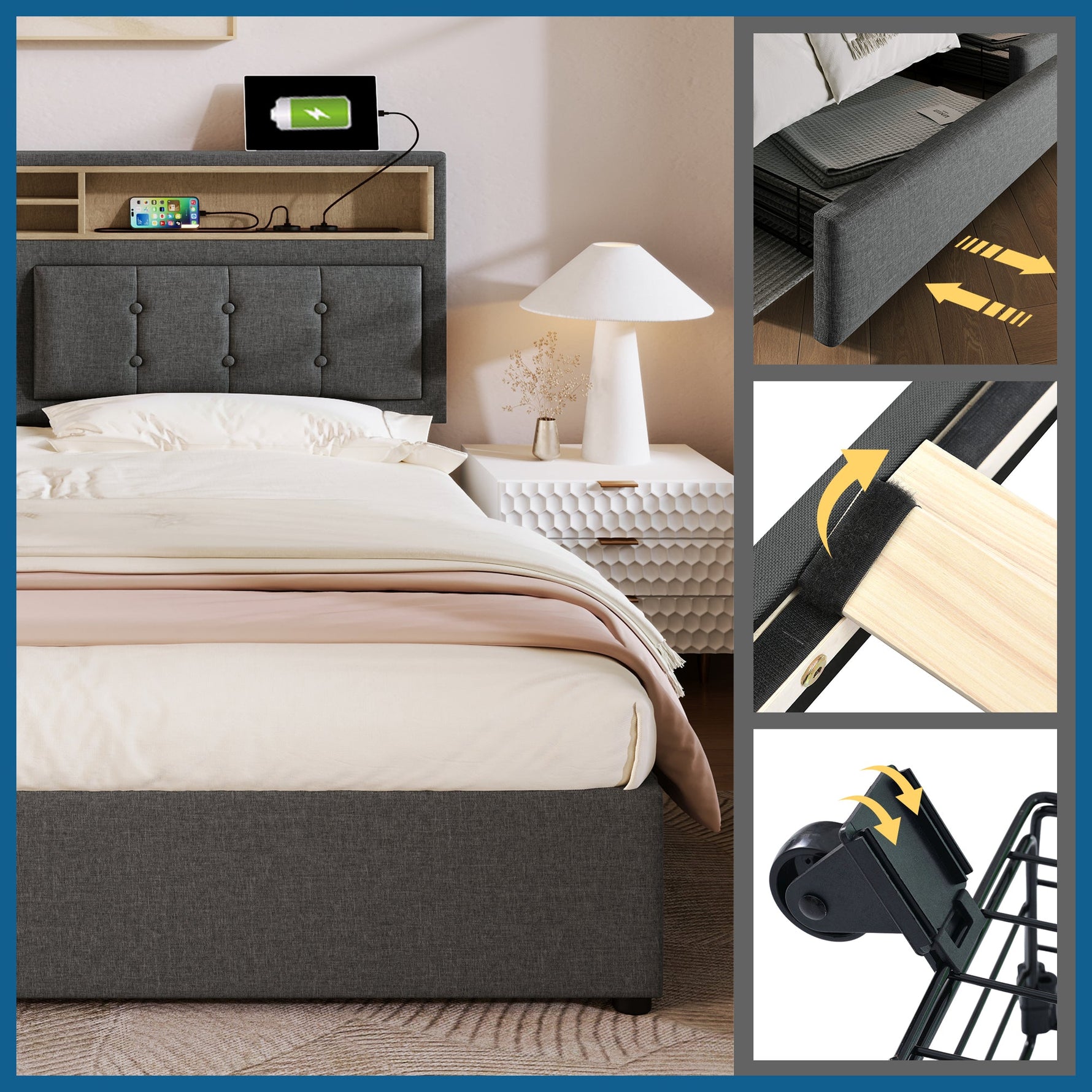 Double Bed, Upholstered with 4 Drawers & USB-C, 140x200cm, Wood Frame