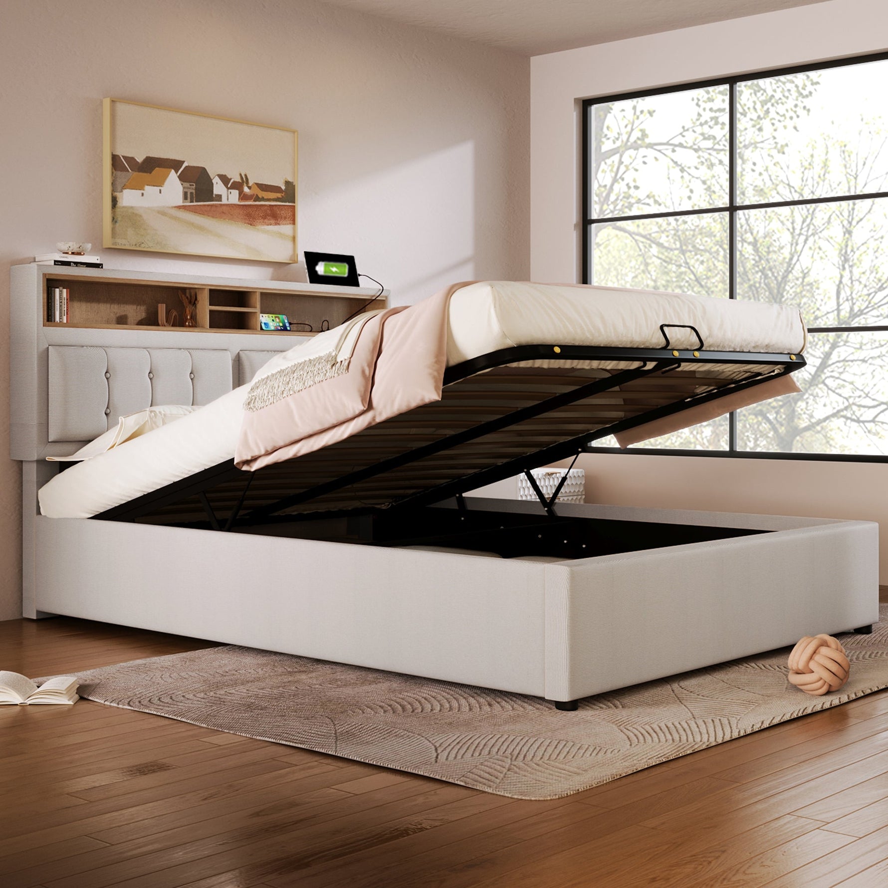 Upholstered Double Bed 140x200 USB-C Charging Storage Linen Material