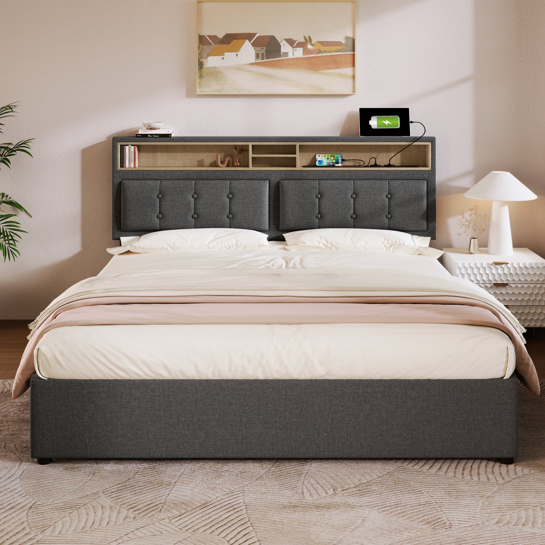 Double Bed, Upholstered with 4 Drawers & USB-C, 140x200cm, Wood Frame