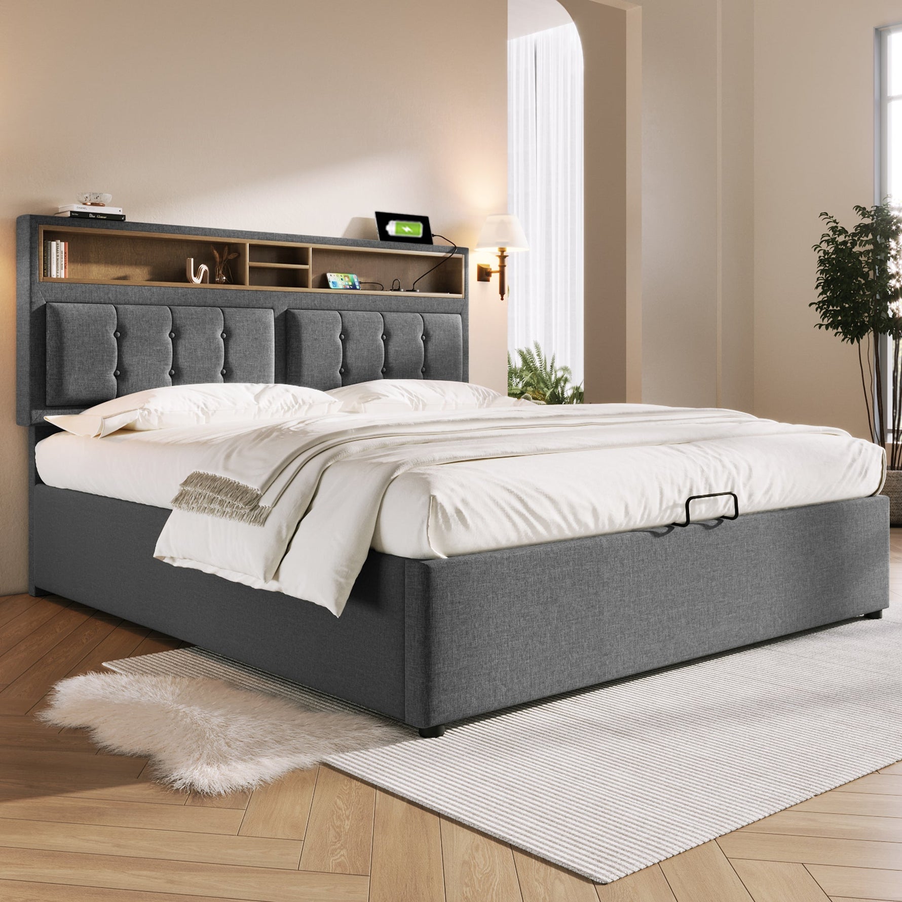 Upholstered Double Bed 160x200 USB-C Headboard Storage Linen Material
