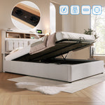 Upholstered Double Bed, USB-C Charging Headboard Storage 140x200, Linen Material