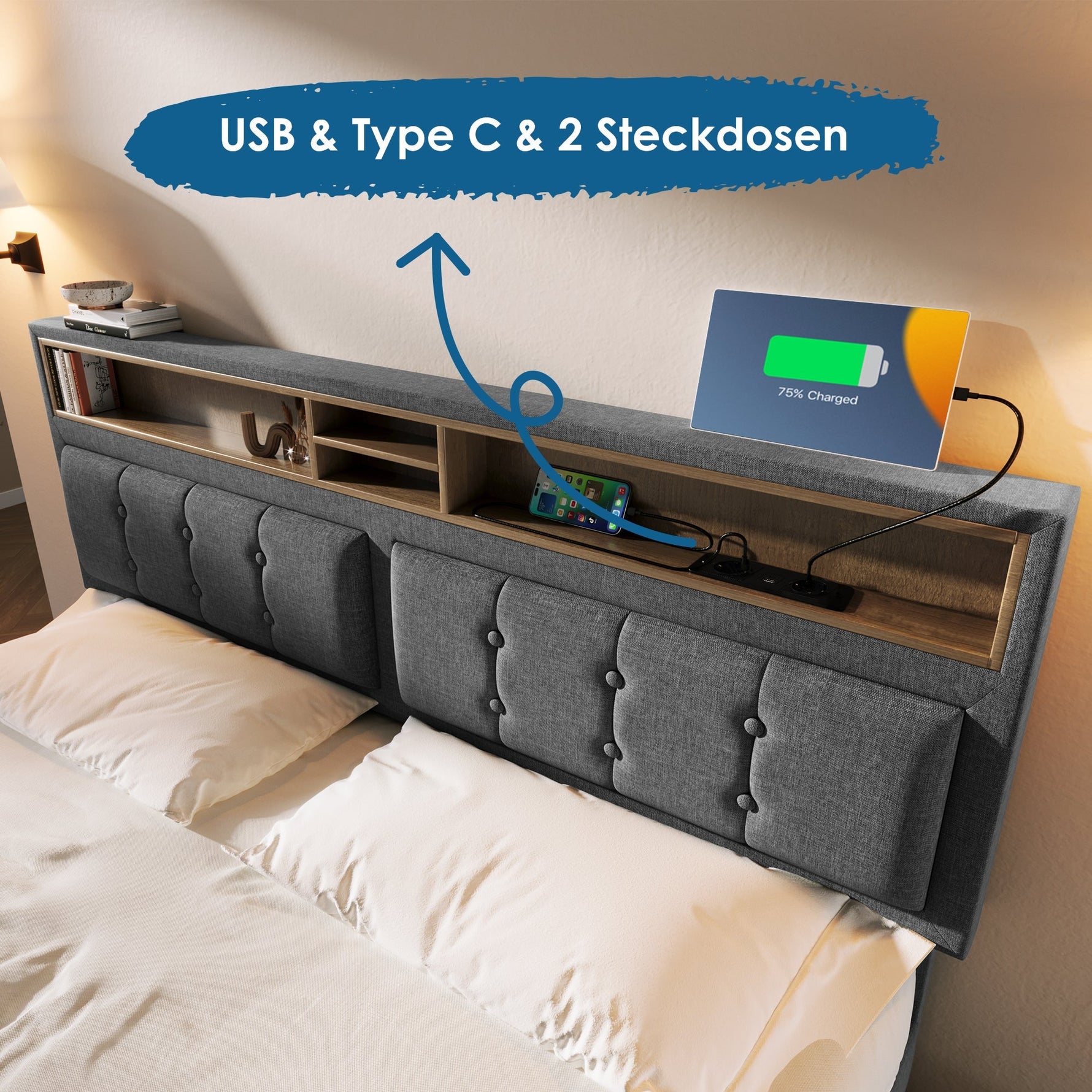 Double Bed, Upholstered with 4 Drawers & USB-C, 140x200cm, Wood Frame