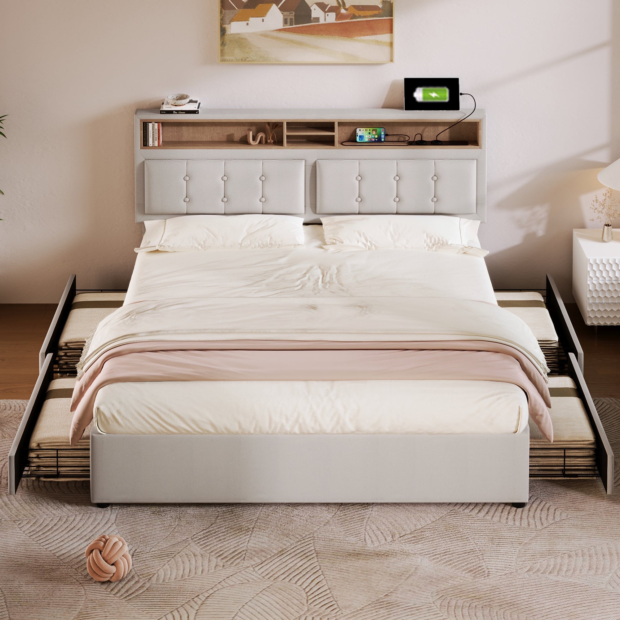 Double Bed with 4 Drawers & USB C Socket, 160x200cm, Adjustable Headboard, Wooden Slatted Frame, Upholstered