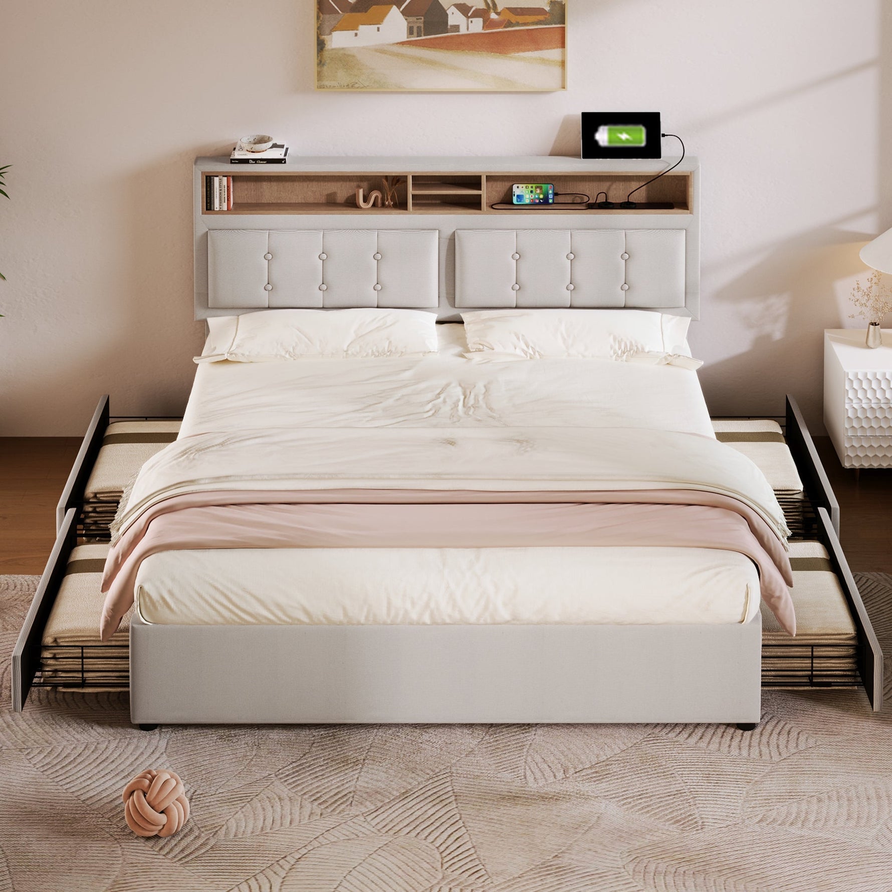 Double Bed with 4 Drawers & USB C Socket, 160x200cm, Adjustable Headboard, Wooden Slatted Frame, Upholstered