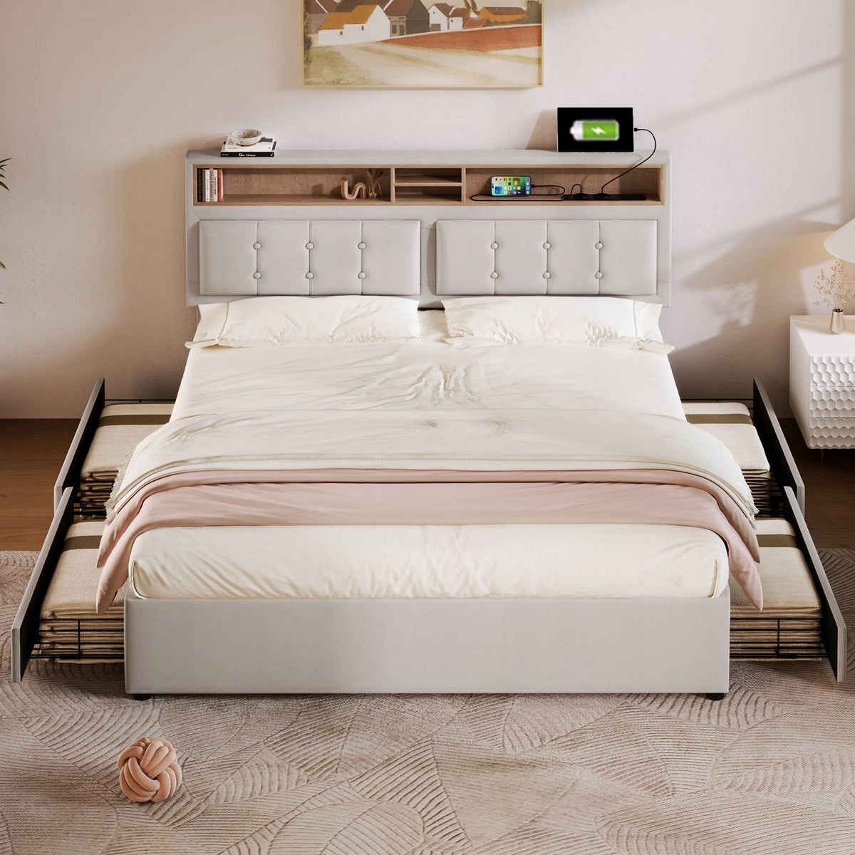 Double Bed with 4 Drawers, USB C, Adjustable Headboard, 140x200cm Wooden Slatted Frame