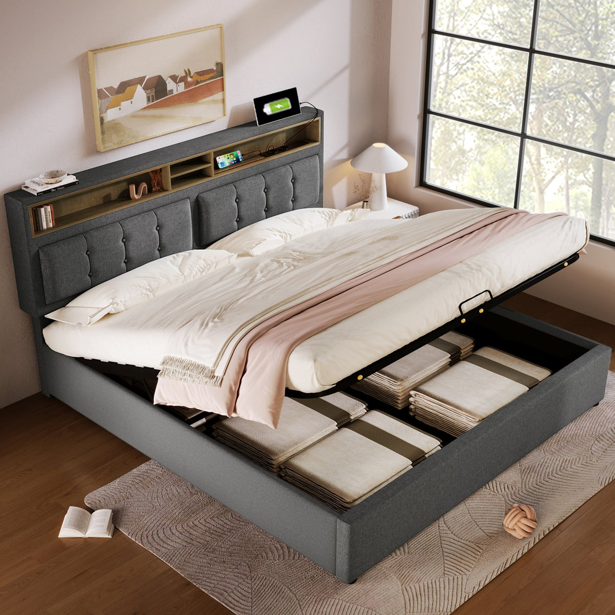 Upholstered Double Bed, USB C Headboard Storage, Linen