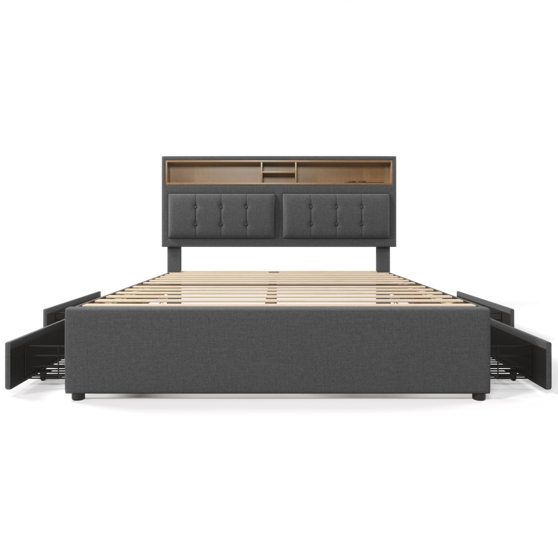 Double Bed, 4 Drawers, USB-C, Adjustable Headboard, Wooden Slats, Upholstered