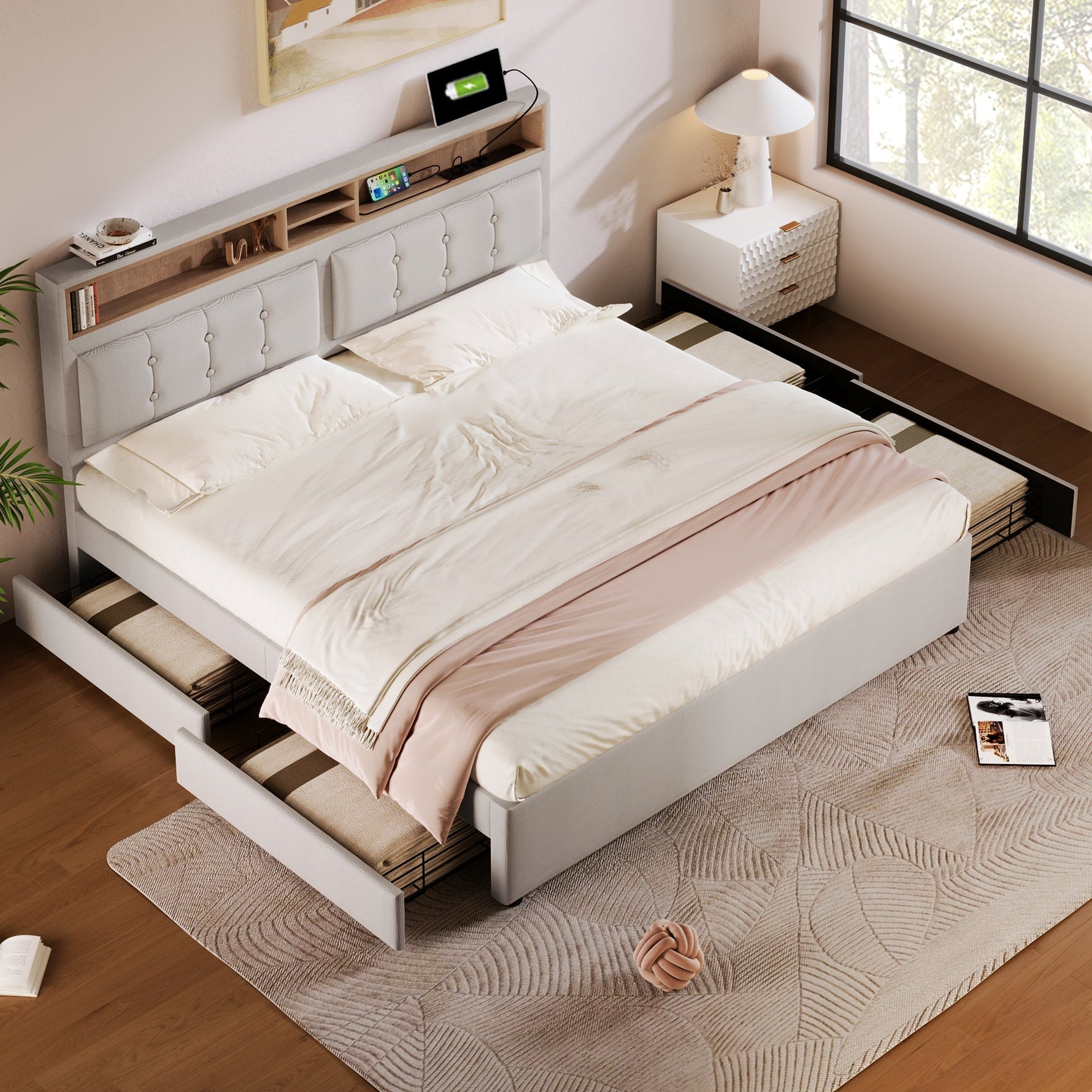 Double Bed 4 Drawers USB C Socket Adjustable Headboard Upholstered 140x200cm